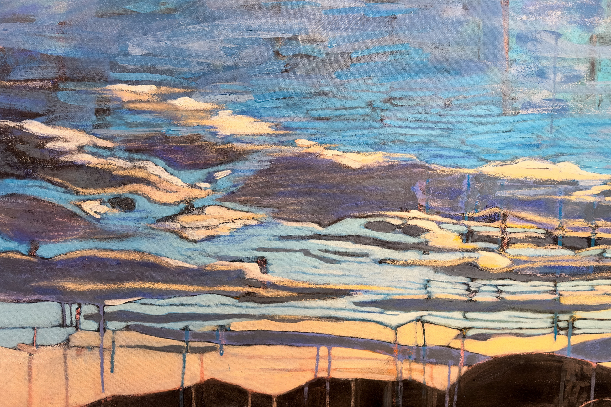 Blue and gold abstract sky and water scene with horizontal bands and subtle dripping paint marks.