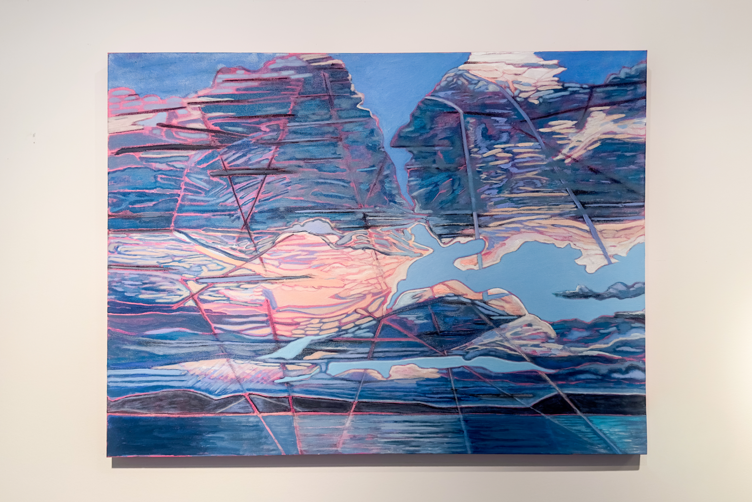 Abstract landscape painting in blues and pinks with mirrored horizon lines and layered geometric marks, installed on a white gallery wall.