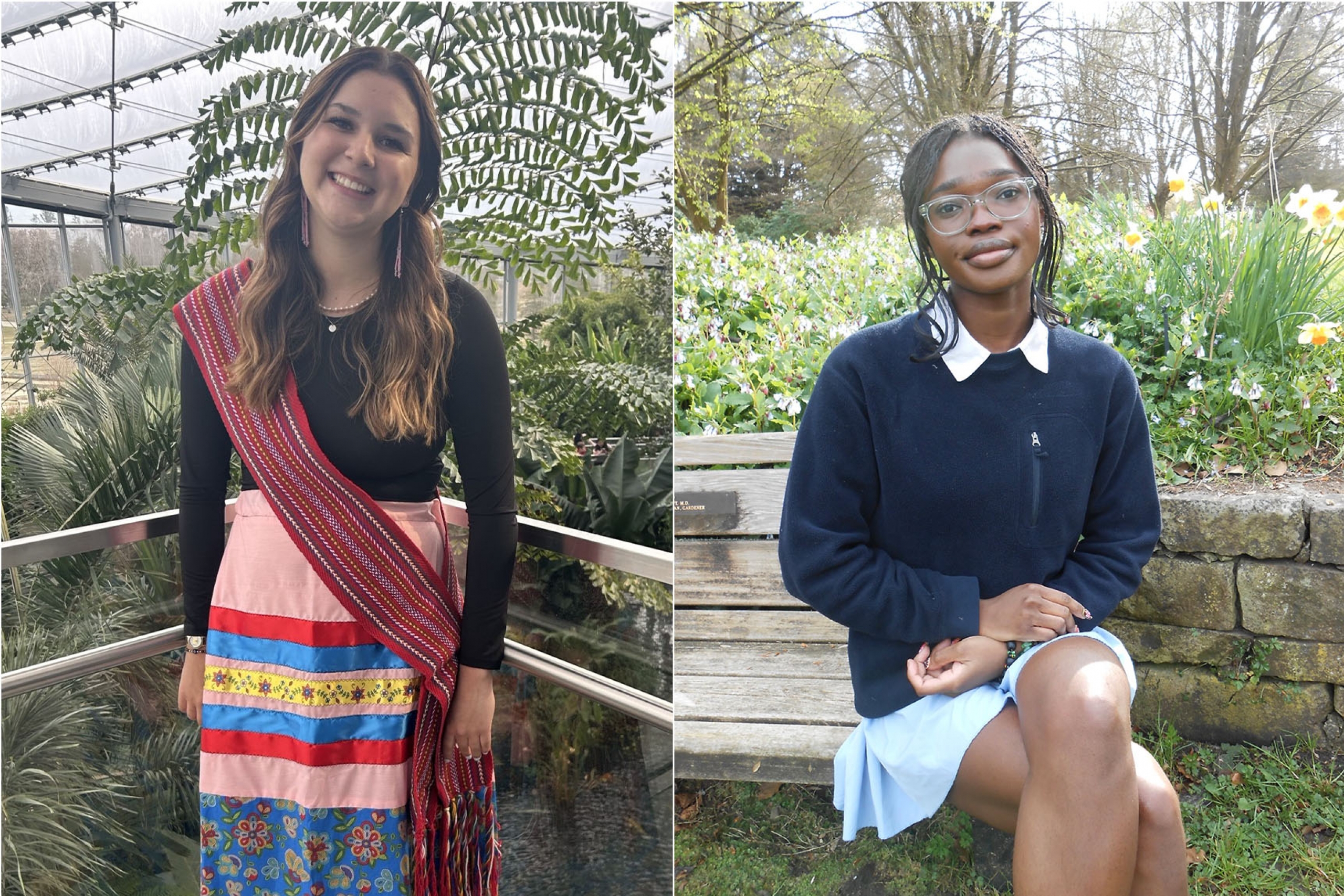 Two females side by side, one in a ribbon skirt, one in a sweater, collared shirt and skirt. 