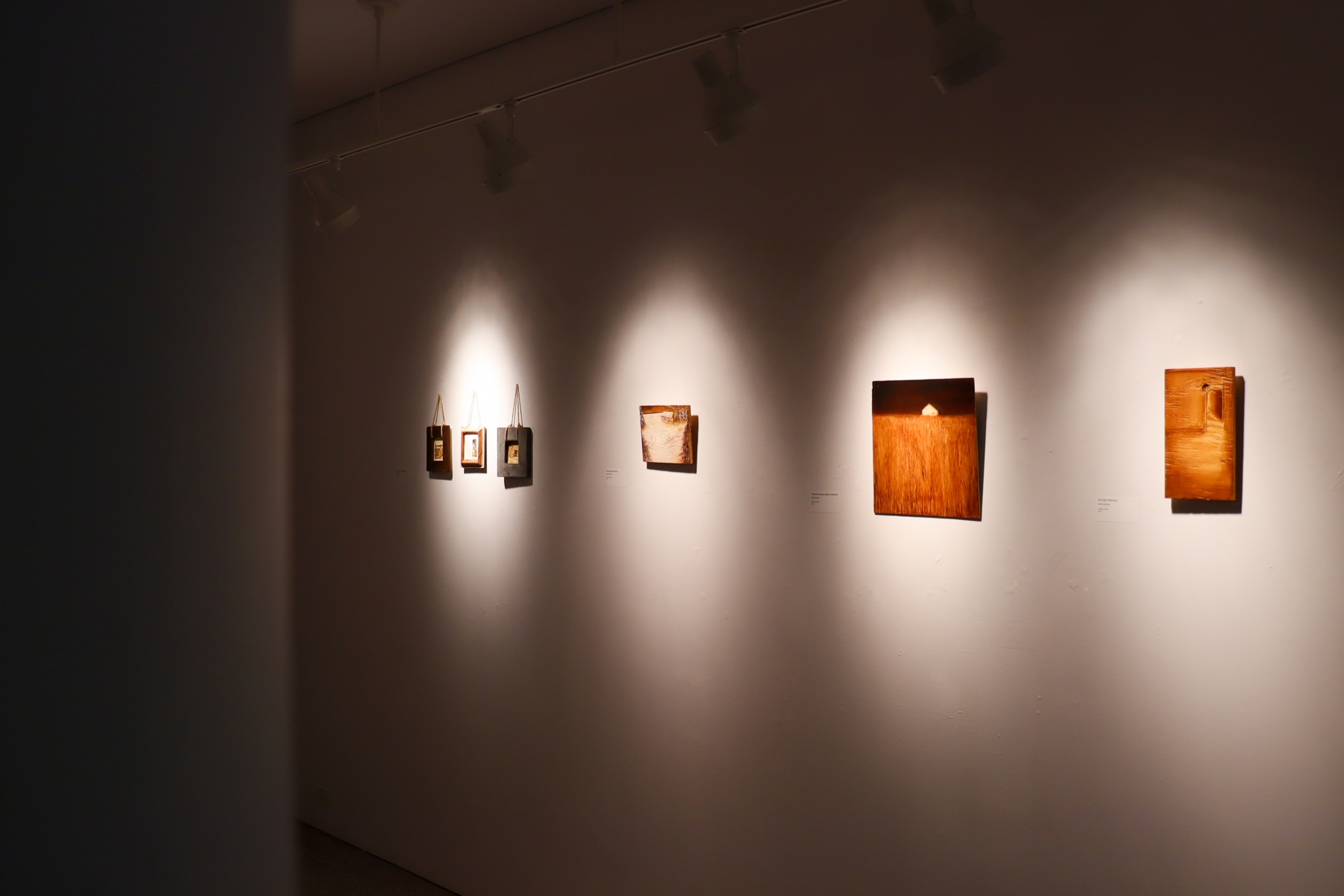 Wide gallery view of several small paintings spaced across a wall, each lit by individual spotlights.