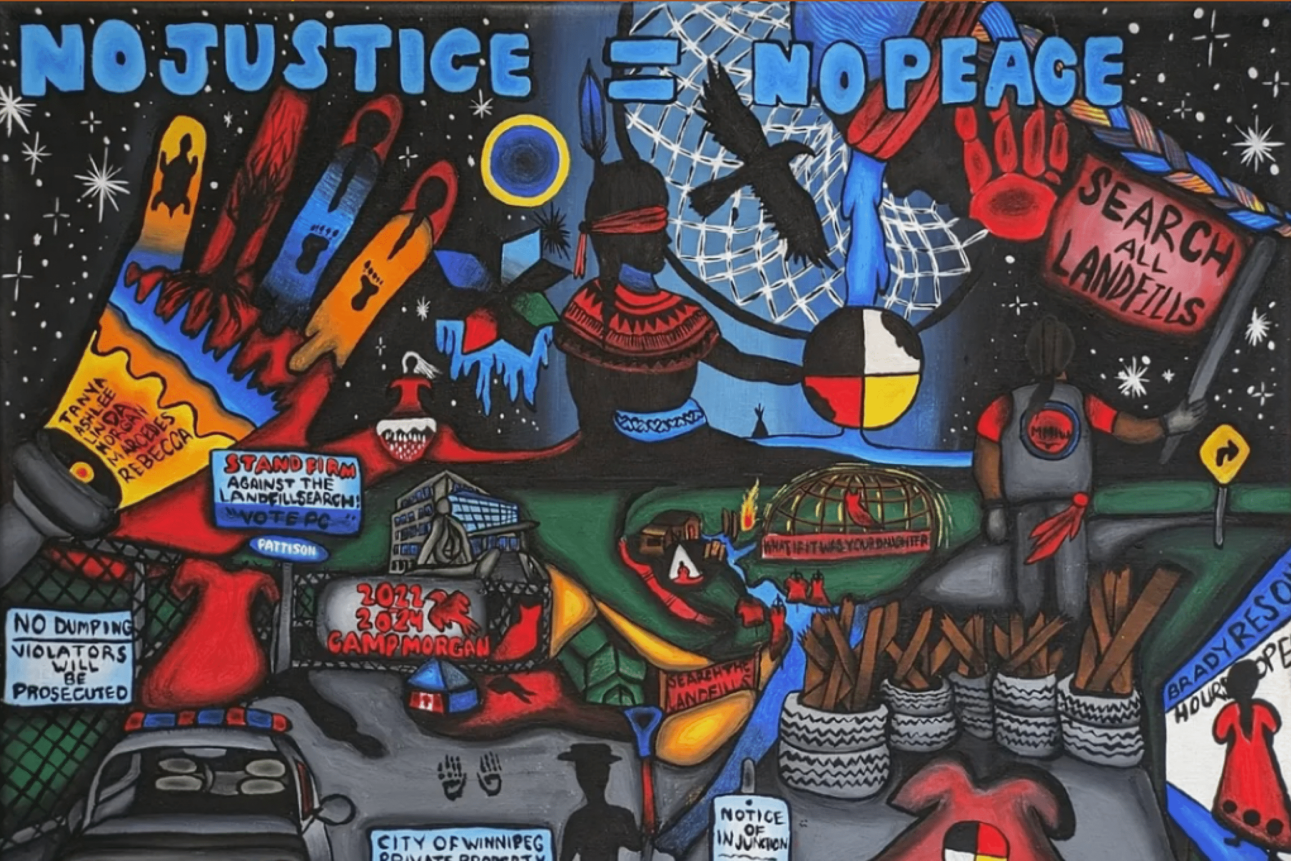 Artwork titled “No Justice = No Peace” depicting calls to search landfills and honour missing and murdered Indigenous women.