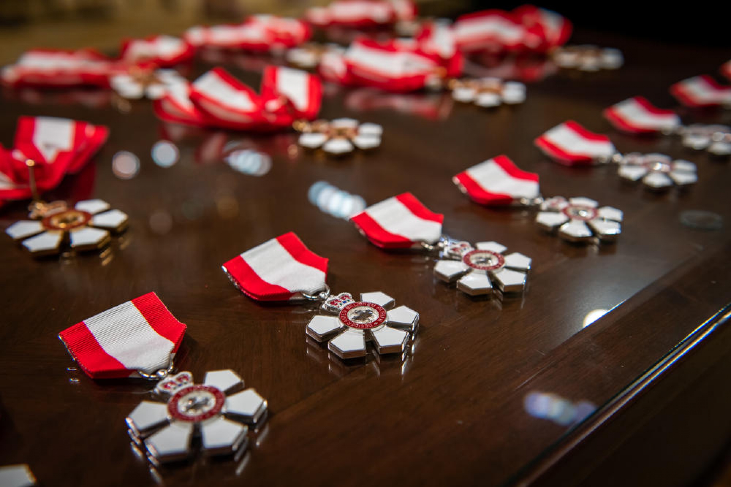 Order of Canada pins laying on a table