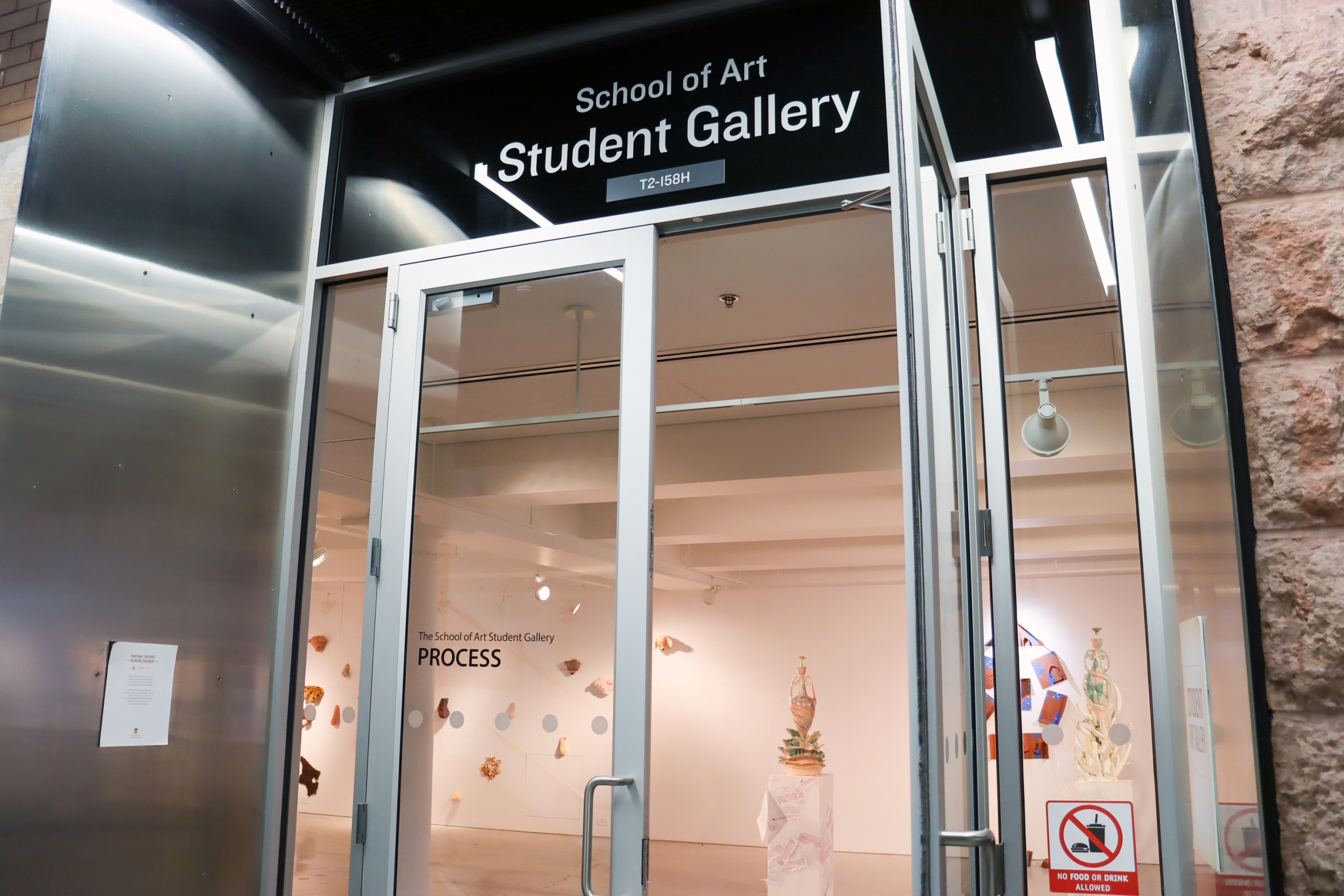 Entrance to School of Art Student Gallery with PROCESS exhibition visible inside