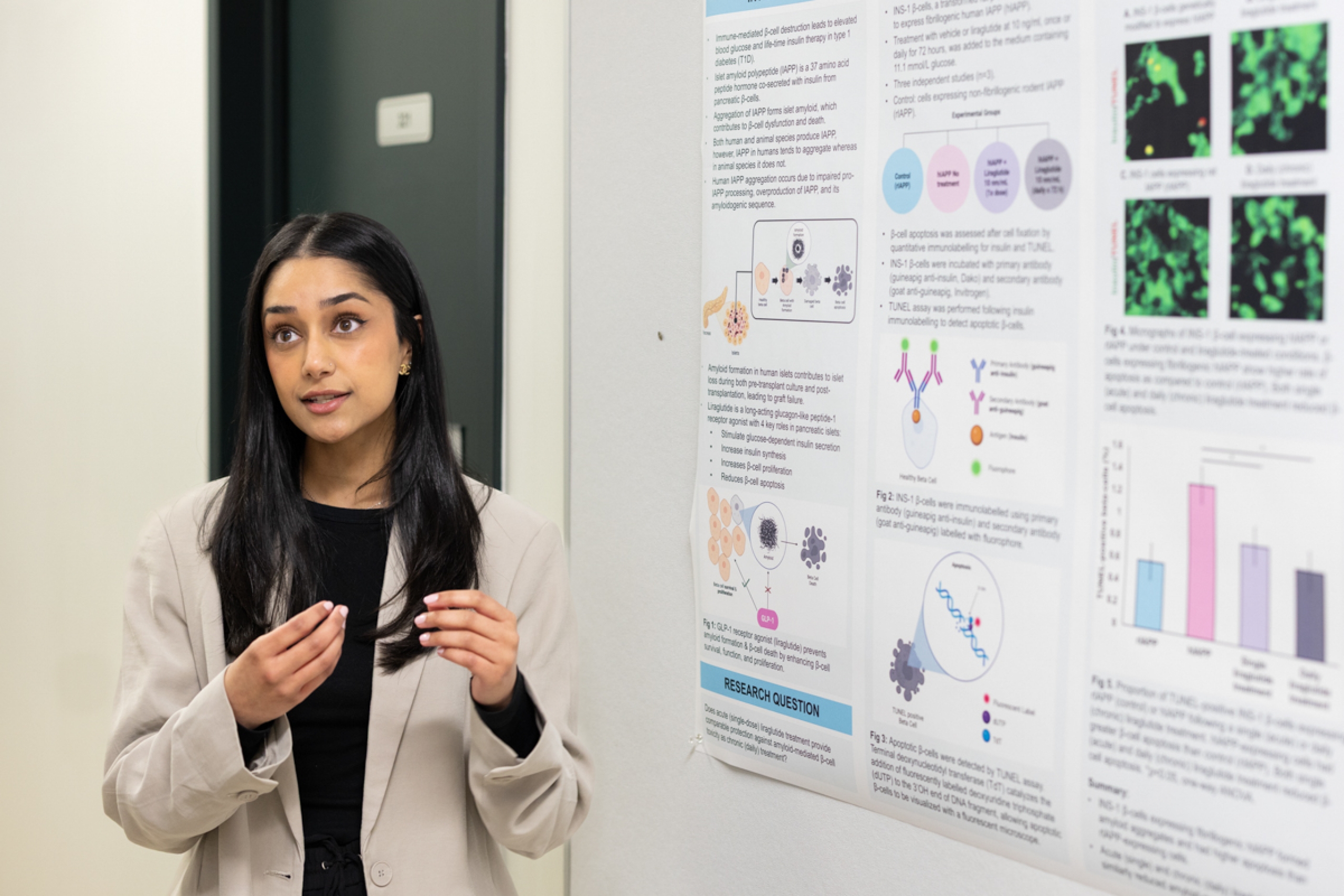 A student standing by their research poster, presents their research.