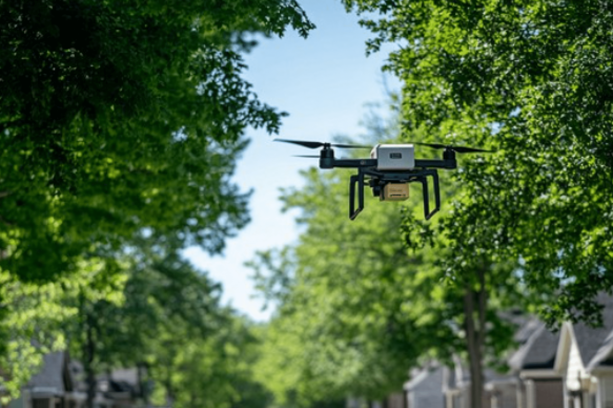 Drone flying between trees