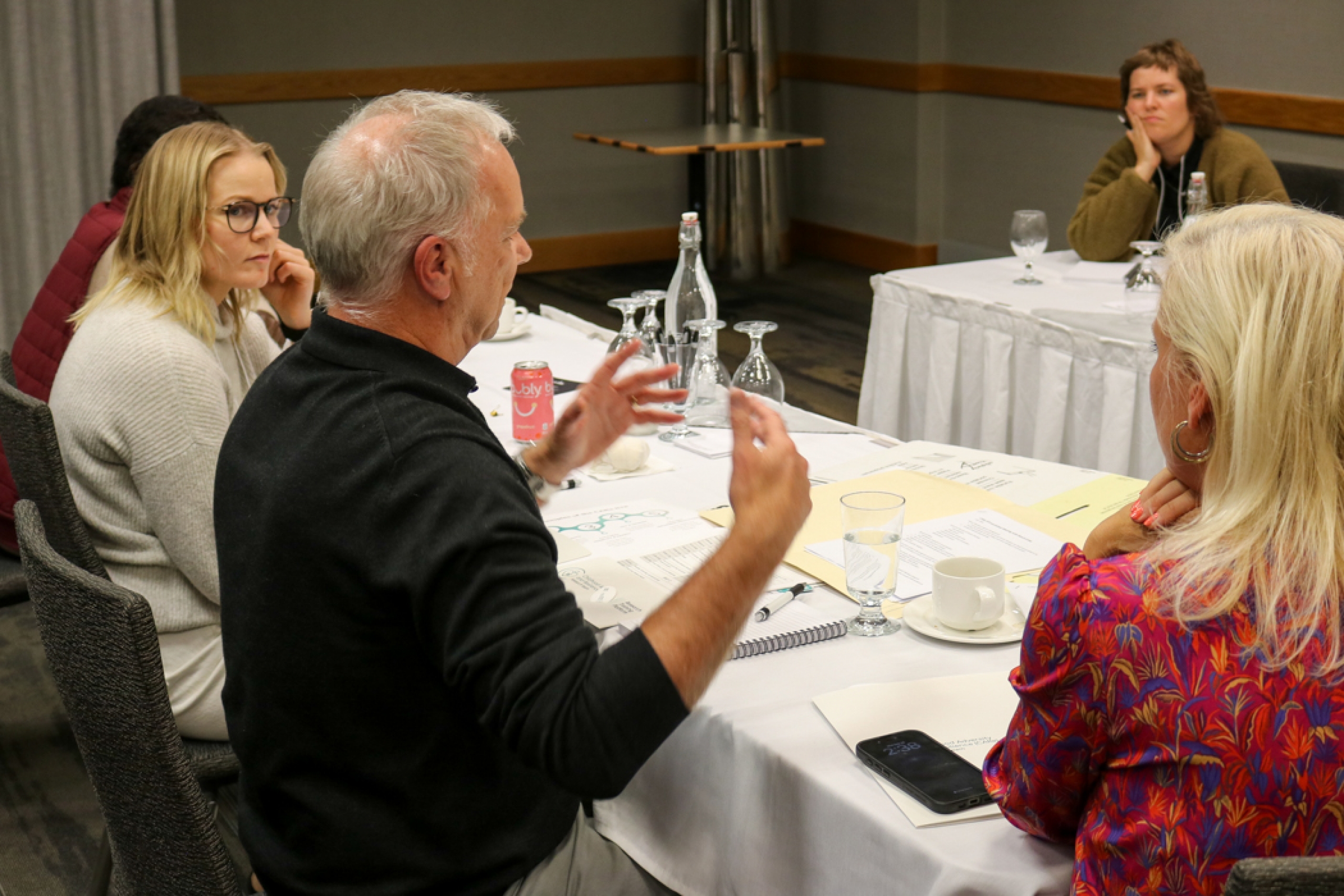 Group of people sitting around tables in discussion.