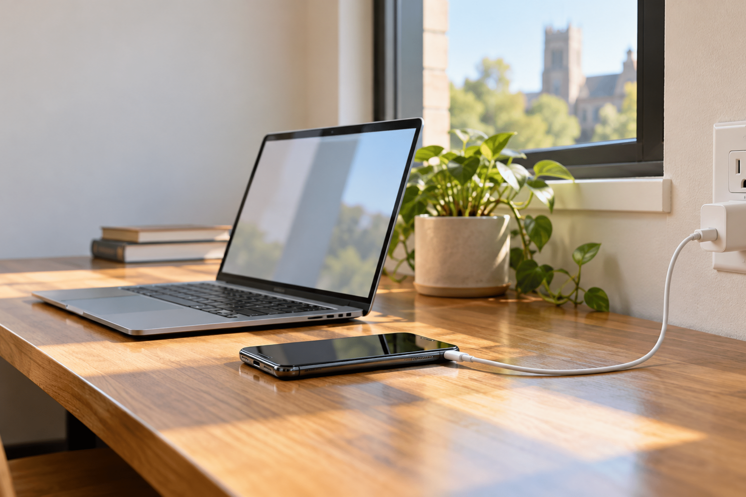 desktop minimal with laptop charging one phone