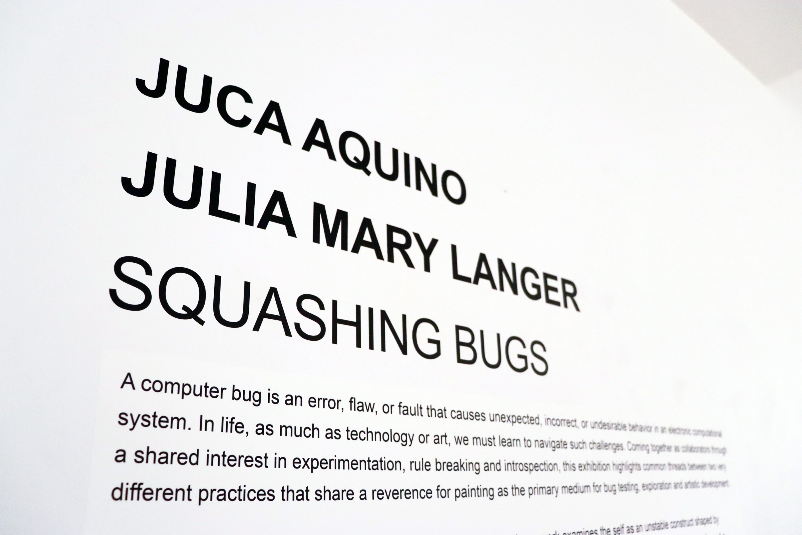 Gallery wall text introducing Squashing Bugs by Juca Aquino and Julia Mary Langer.