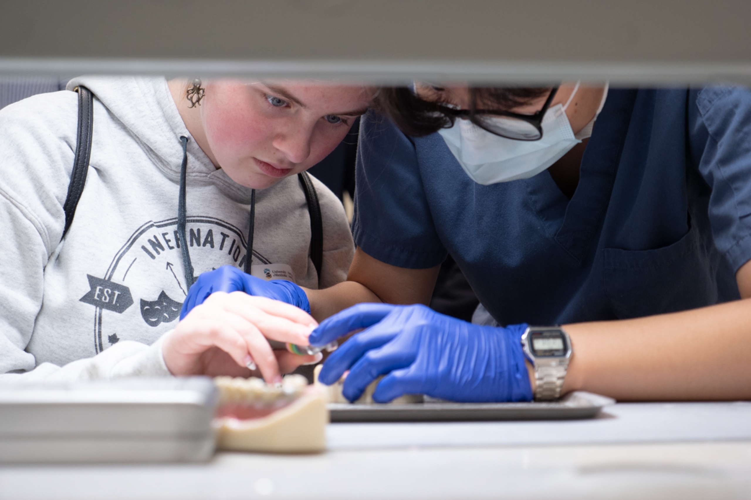 A dental student assists a Grade 9 student in drilling on a dental model.
