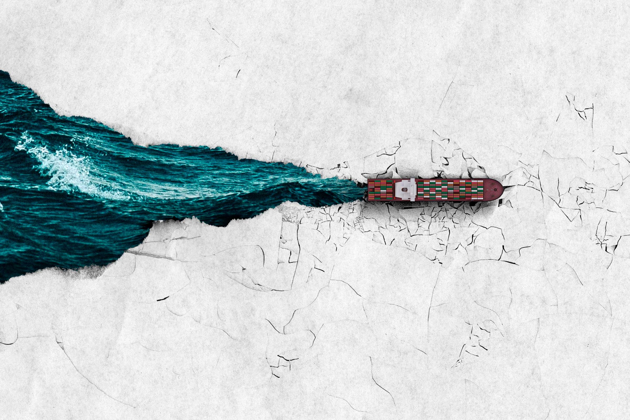 A collage illustration of a ship breaking through ice with open water behind it