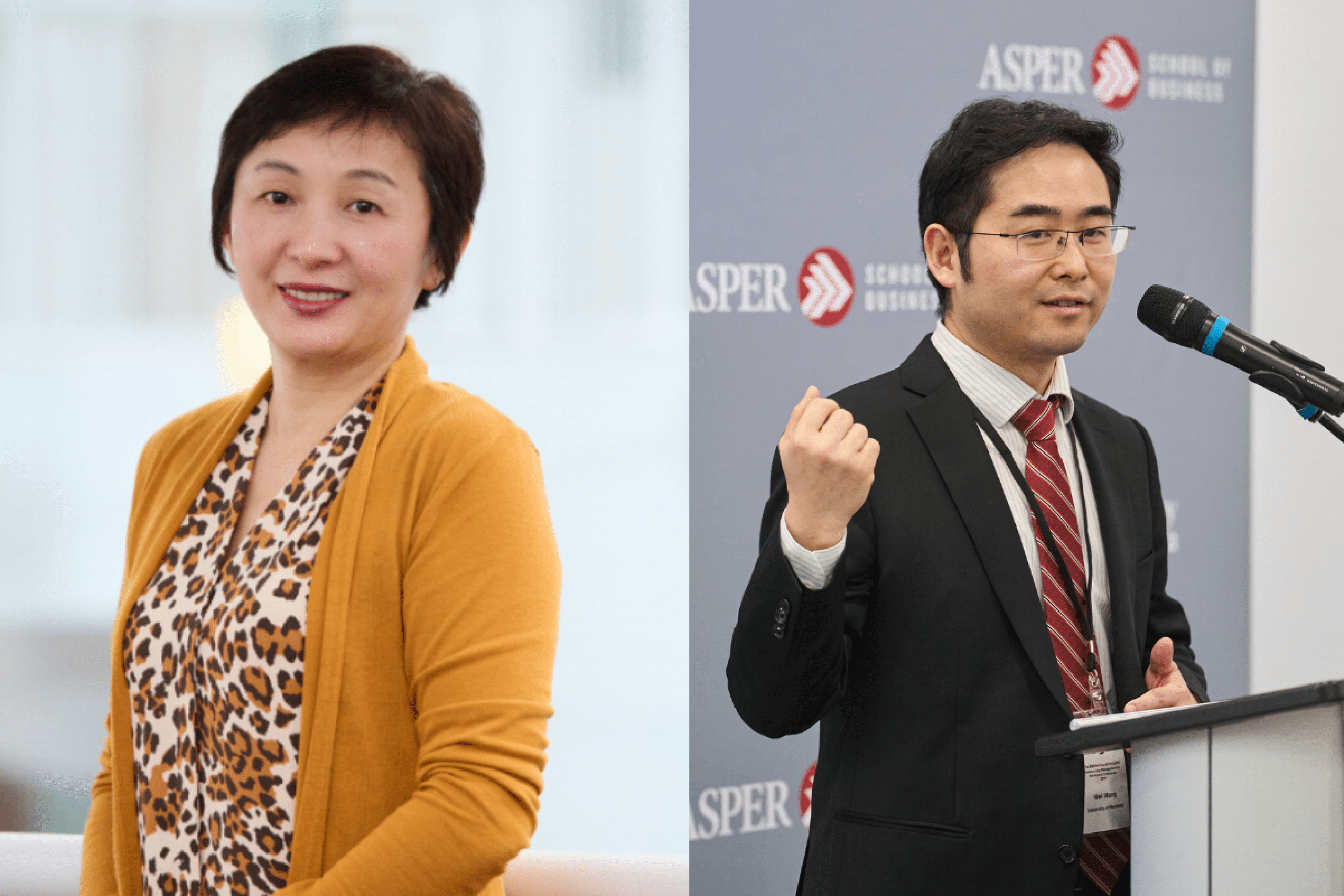 A portrait of Ratchel Zeng on the left and Wei Wang on the right