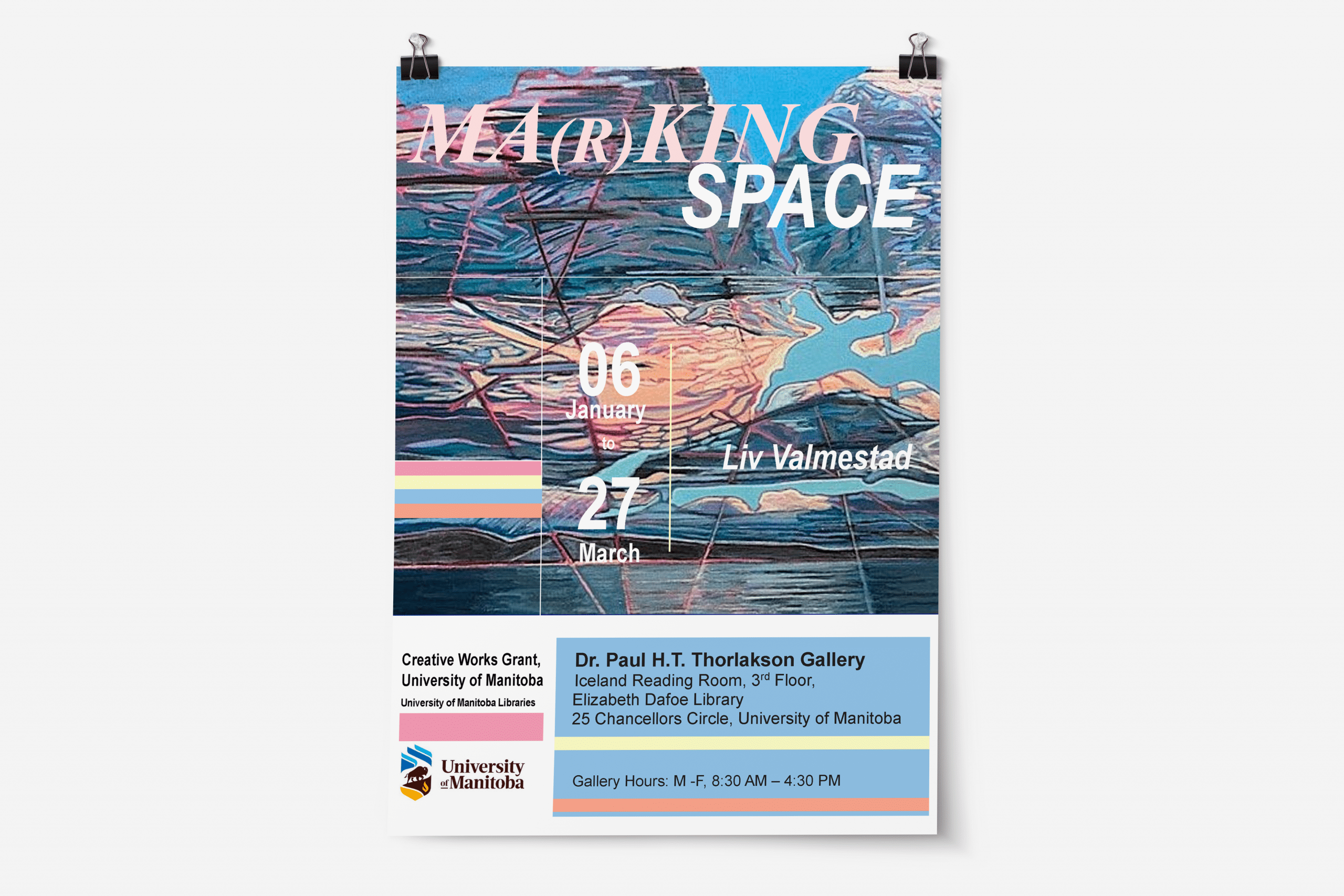 Poster for Ma(r)king Space by Liv Valmestad with abstract coastal imagery and exhibition dates January 6 to March 27.