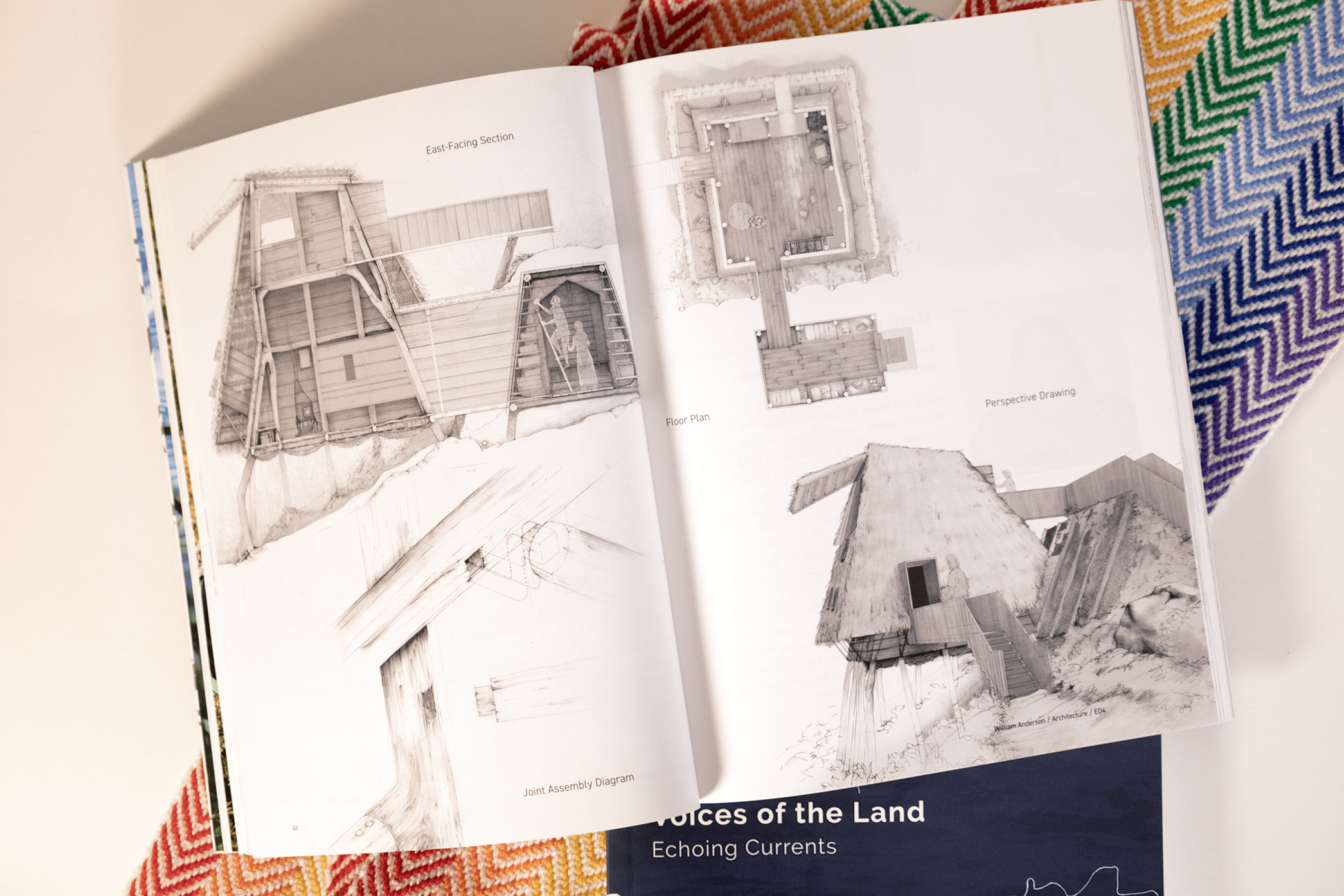 Open art book showing detailed architectural sketches of rural structures, titled “Voices of the Land: Echoing Currents,” on a colorful woven textile.