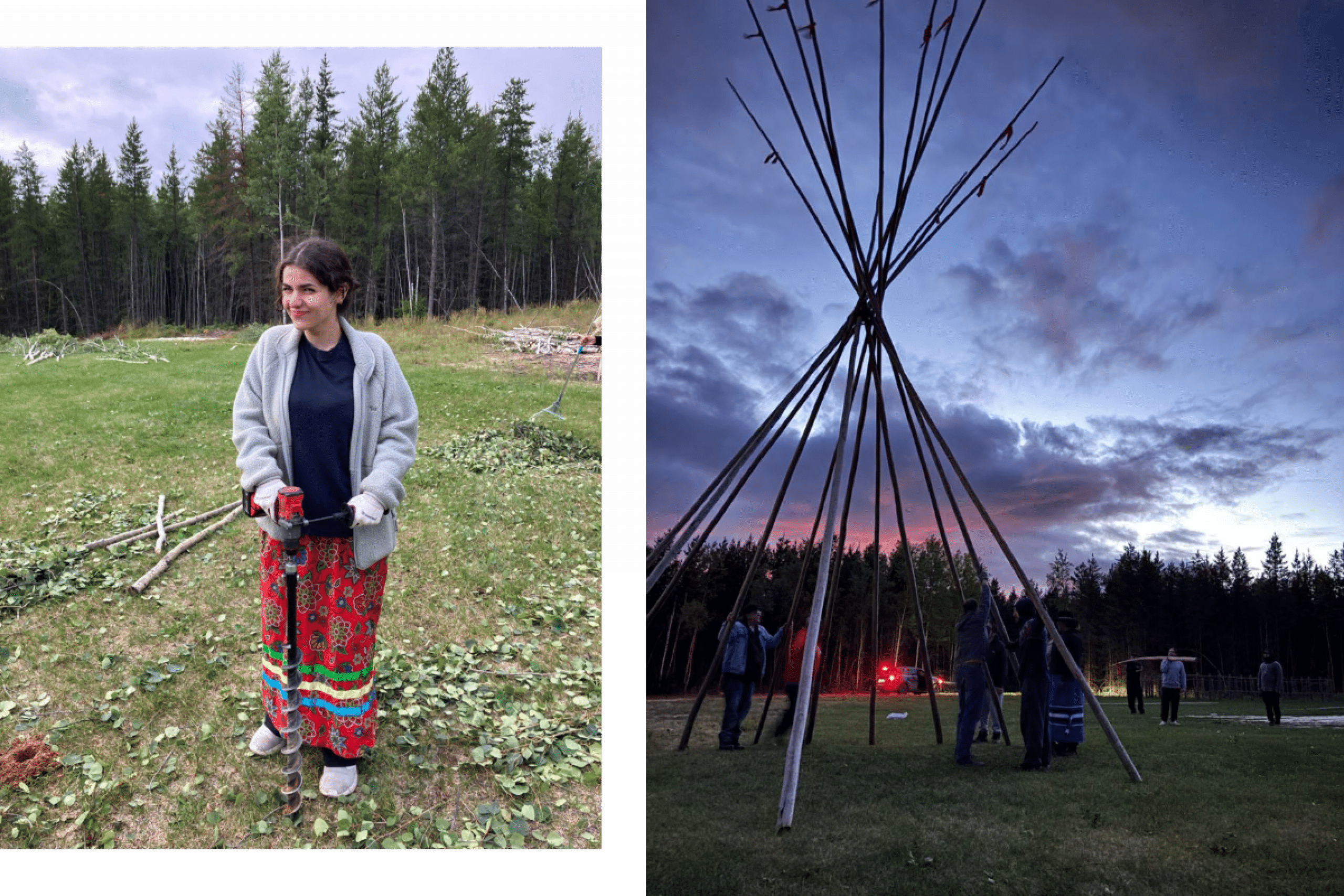 Two images side by side. Image 1: A person drilling a hole on the ground. Image 2: People assembling a tipi.