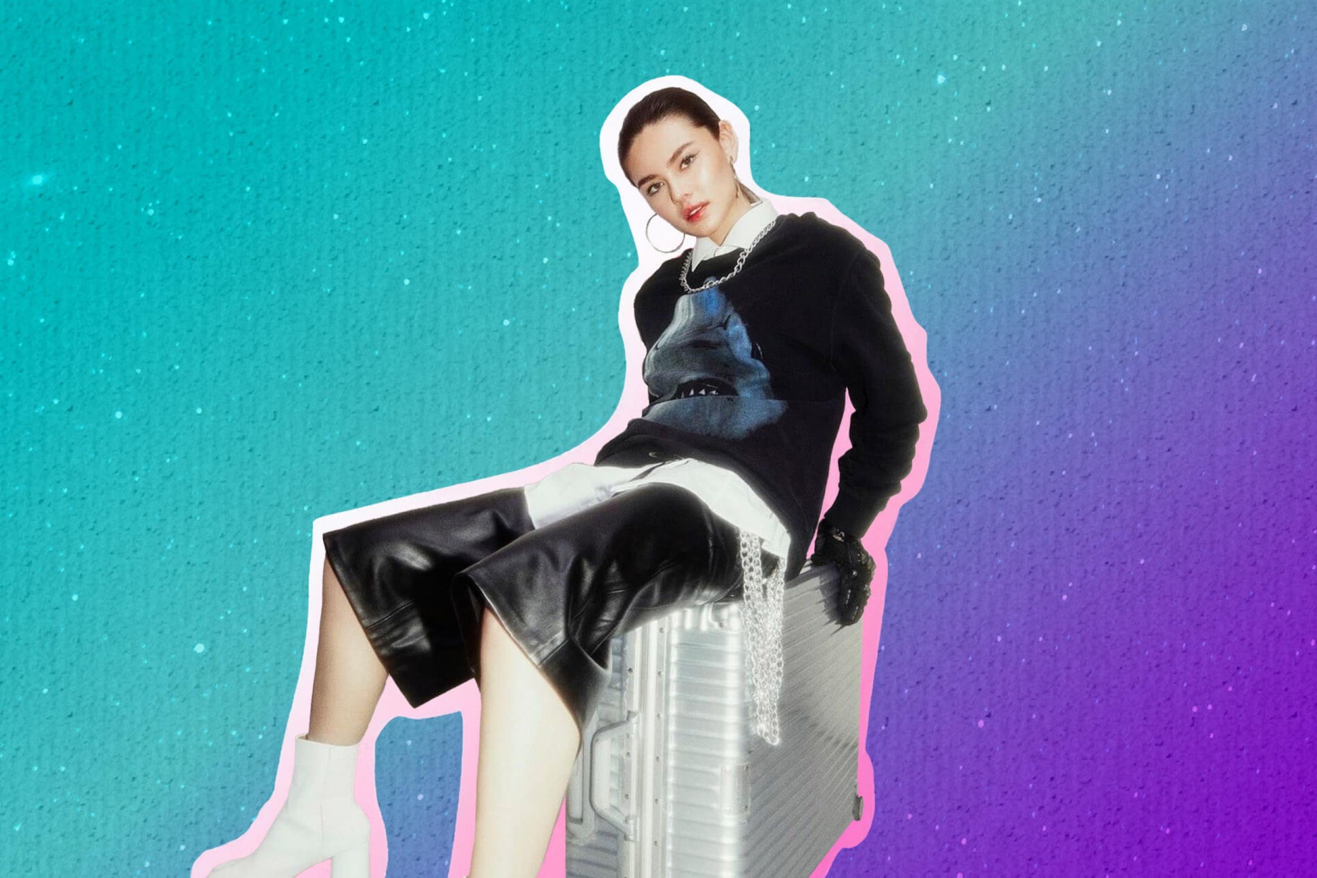 Willow reclines in a photograph in a collage-esque image.