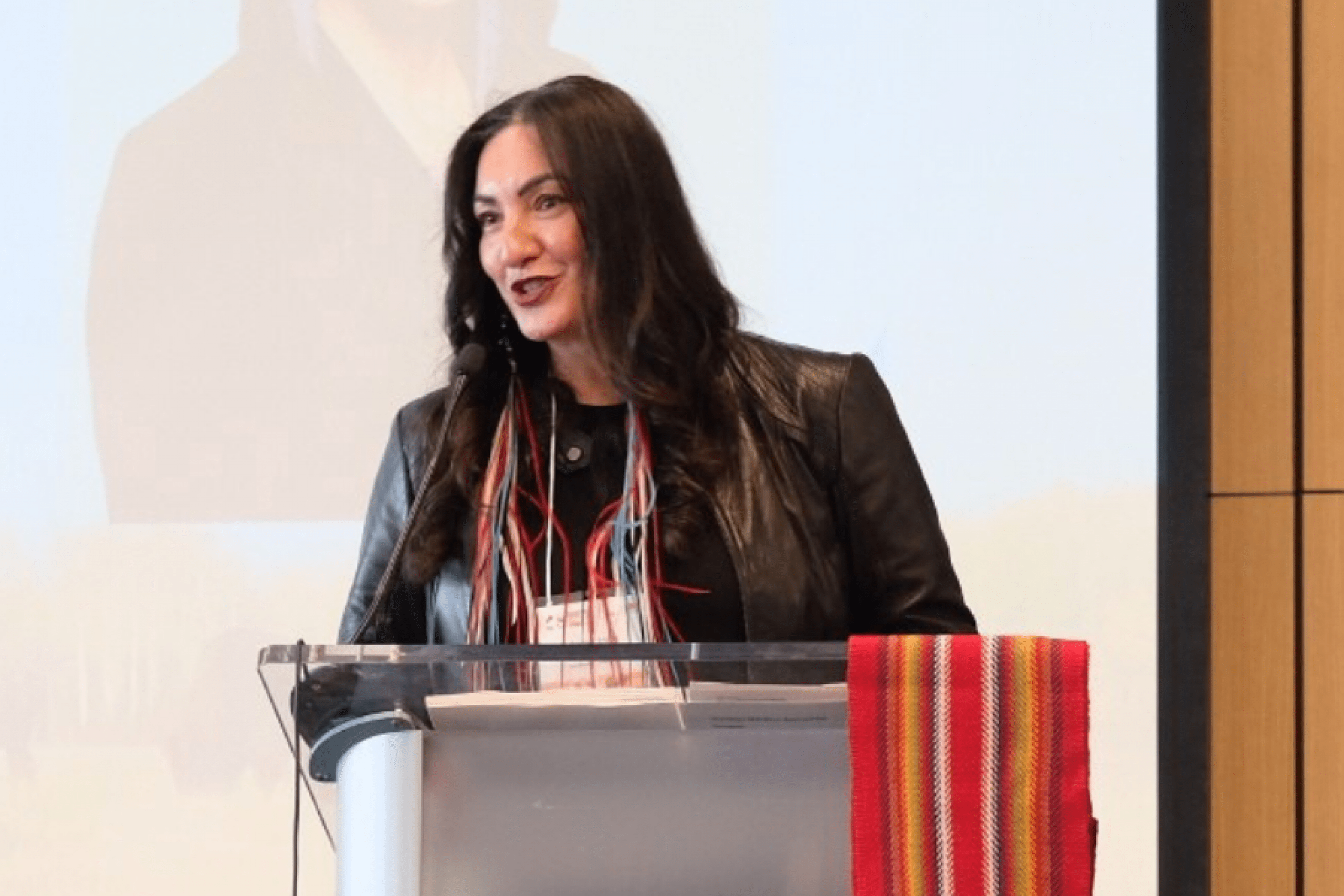 Vice-President (Indigenous) Angie Bruce spoke at the podium.