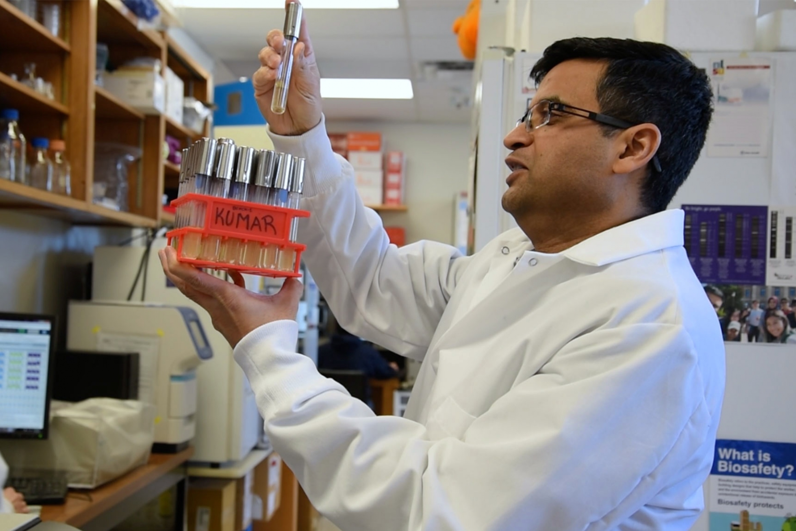 Ayush Kumar looking at test tube samples.