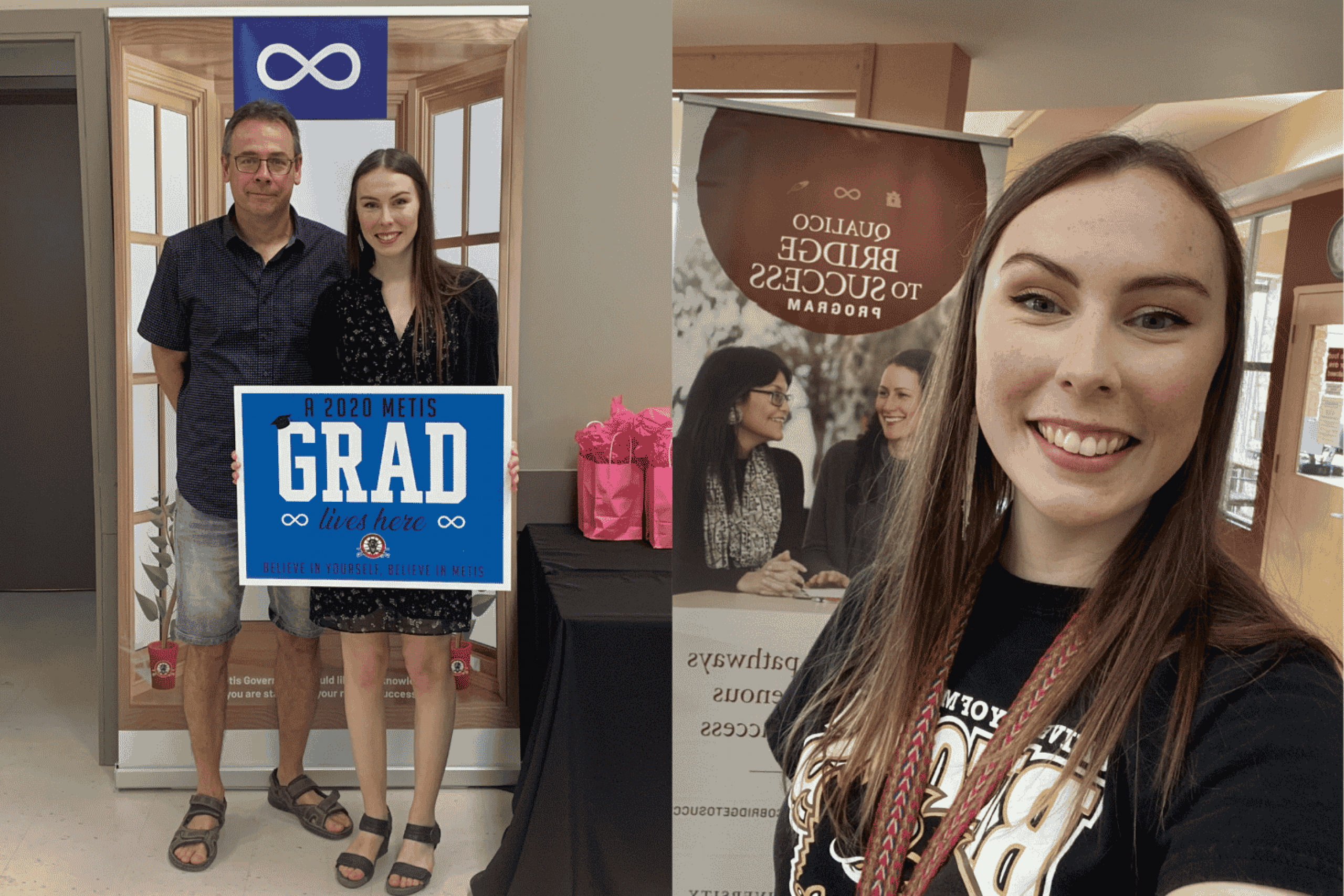 wo photos of Bailey Pigeau: holding a Métis graduation sign with a man and taking a selfie at a Qualico Bridge to Success event.