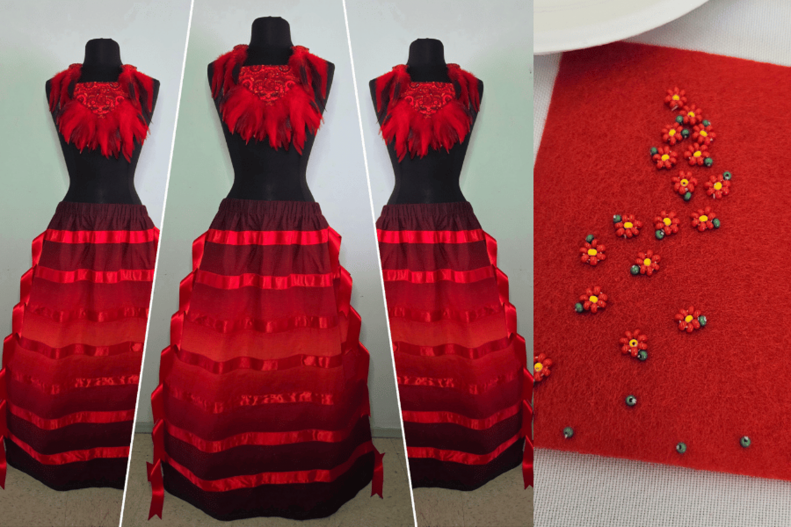 Three views of a red ribbon skirt and feathered beaded collar on a dress form, alongside beadwork in progress.