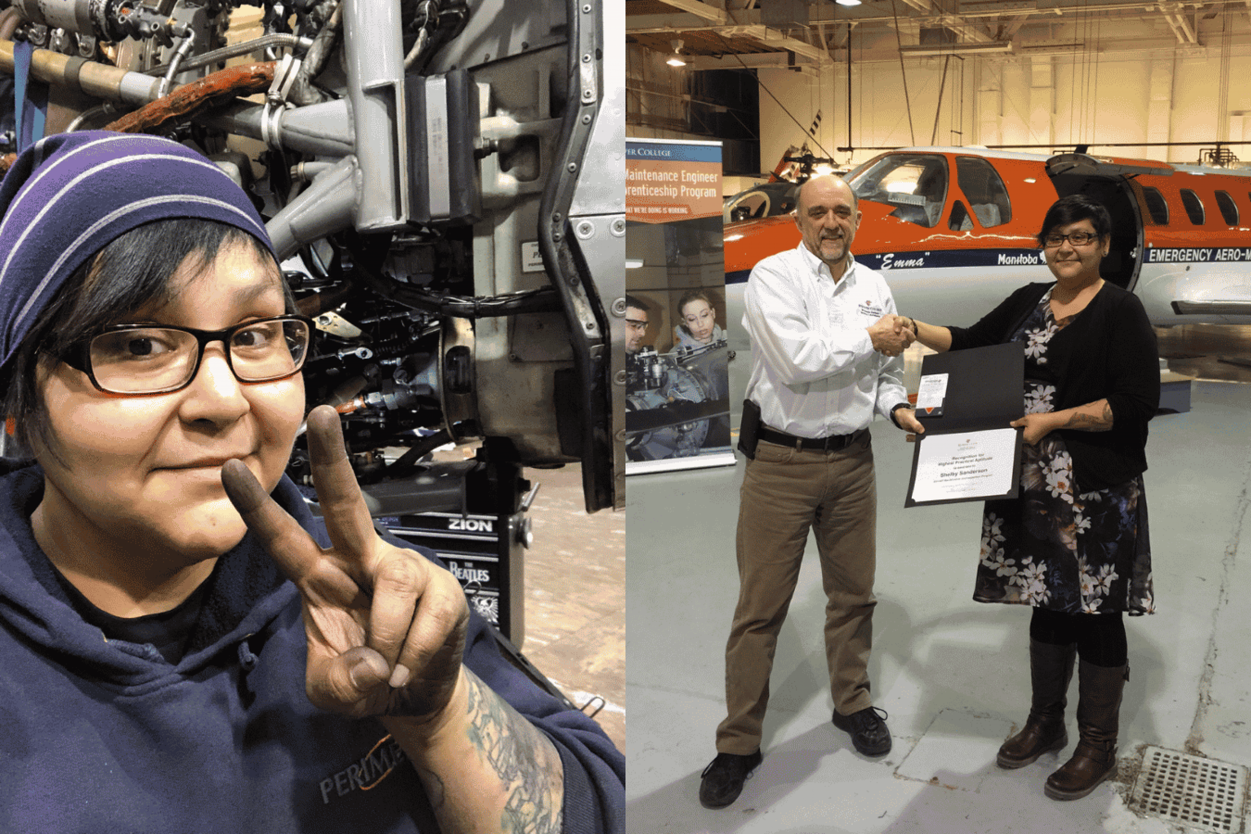 Shelby Sanderson pictured during her aircraft maintenance training and receiving a certificate beside an aircraft display.