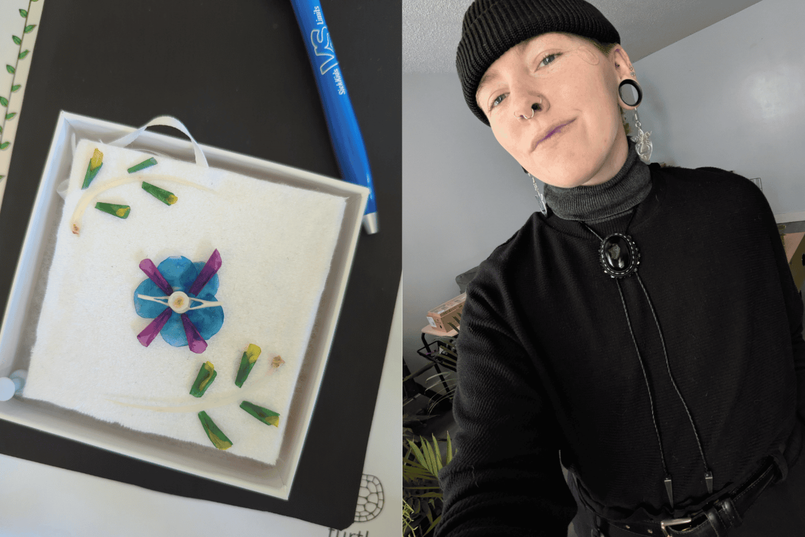 Tee Bourré pictured alongside a handmade smudge kit created during an Elder-led cultural workshop.