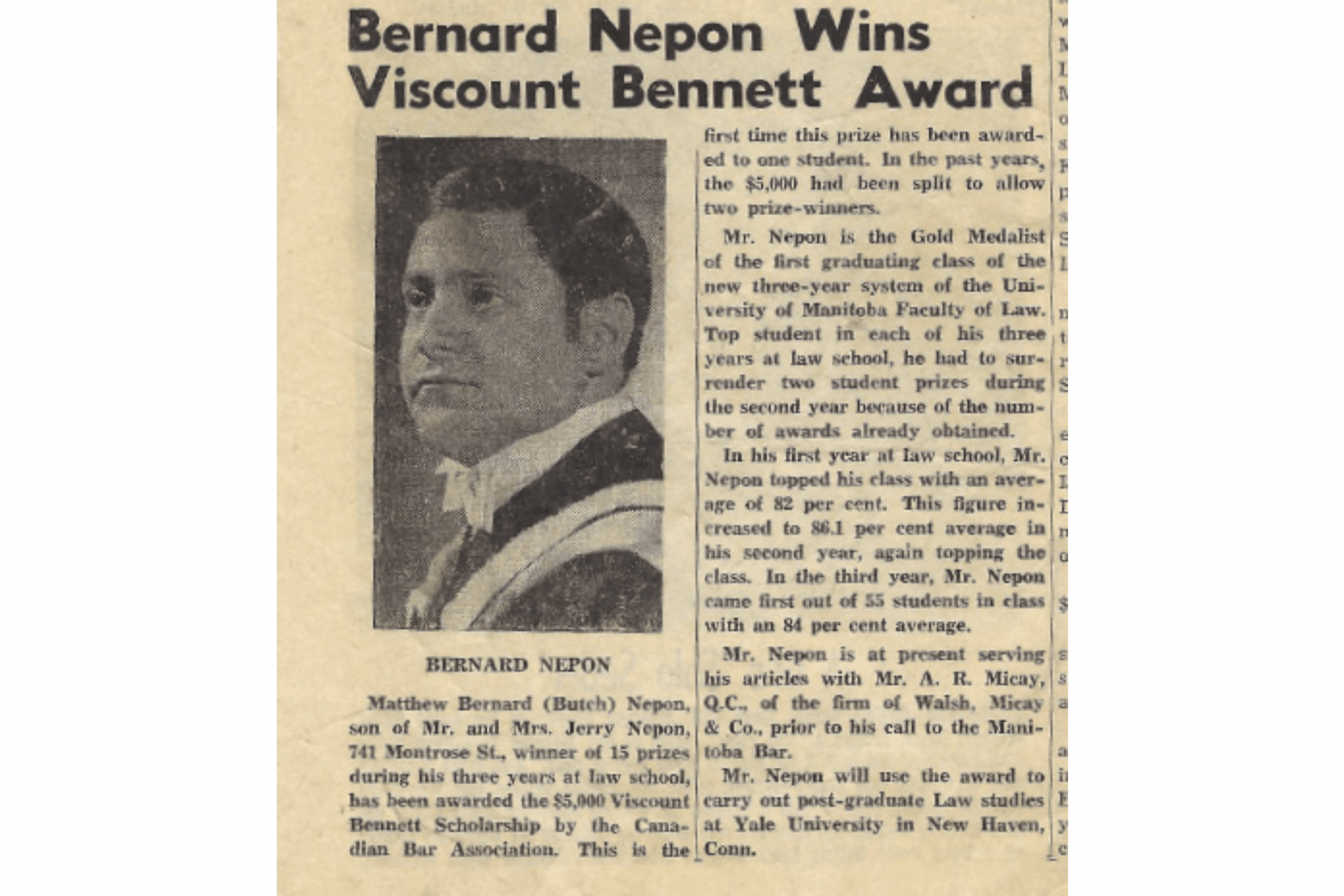A newspaper clipping about Butch Nepon winning the Viscount Bennet Award.