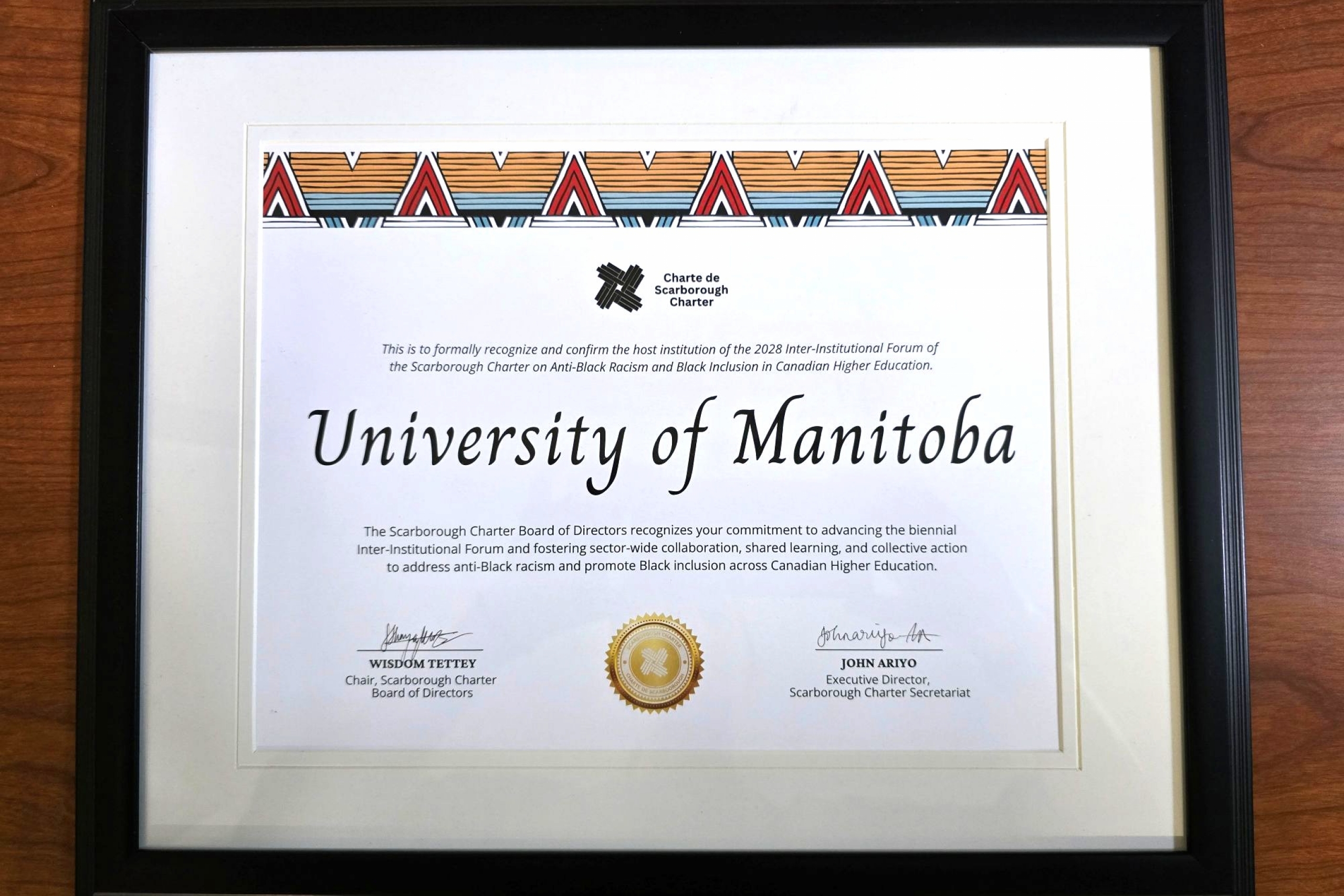 certificate naming UM as host of 2028 Scarborough Charter Forum