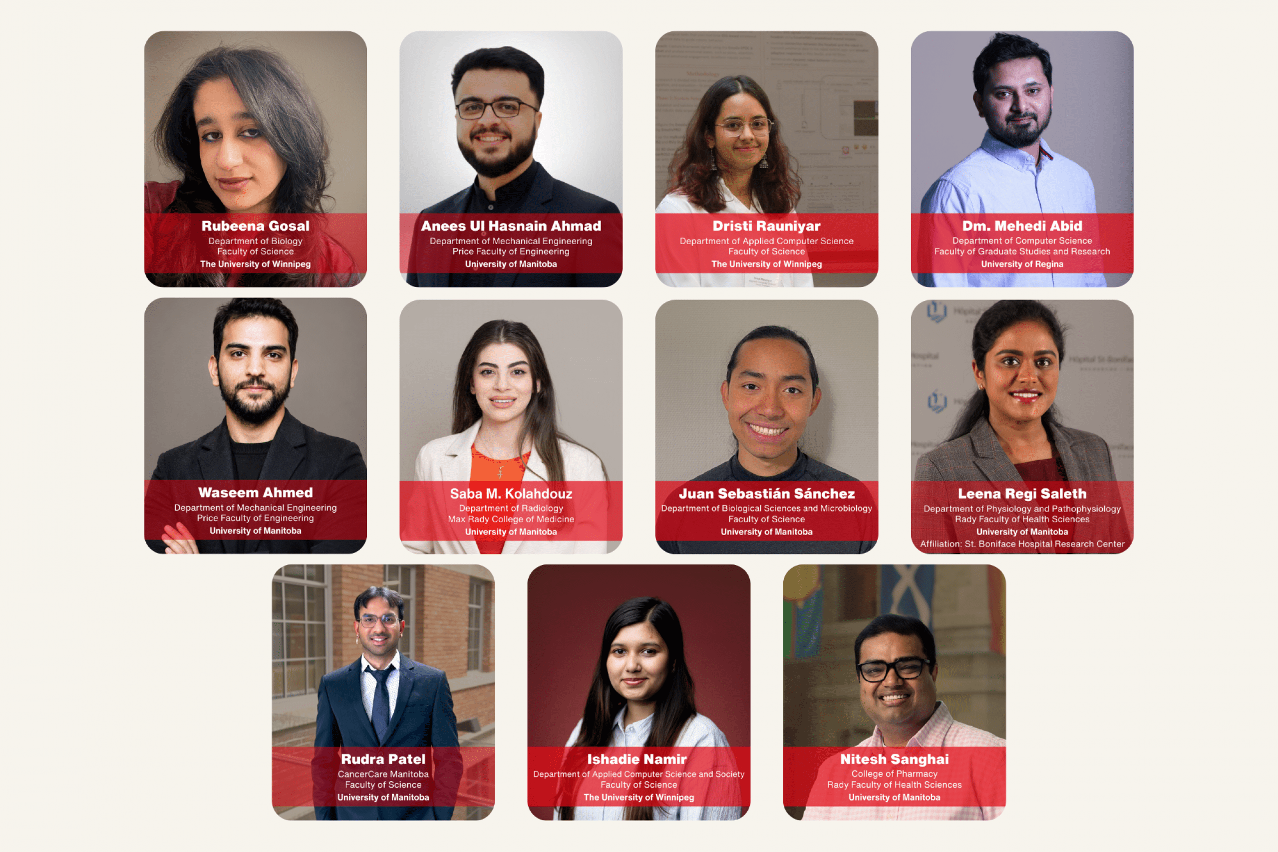 Collage of 11 Falling Walls Lab Manitoba 2026 finalists, shown in portrait cards with their names, departments and universities.