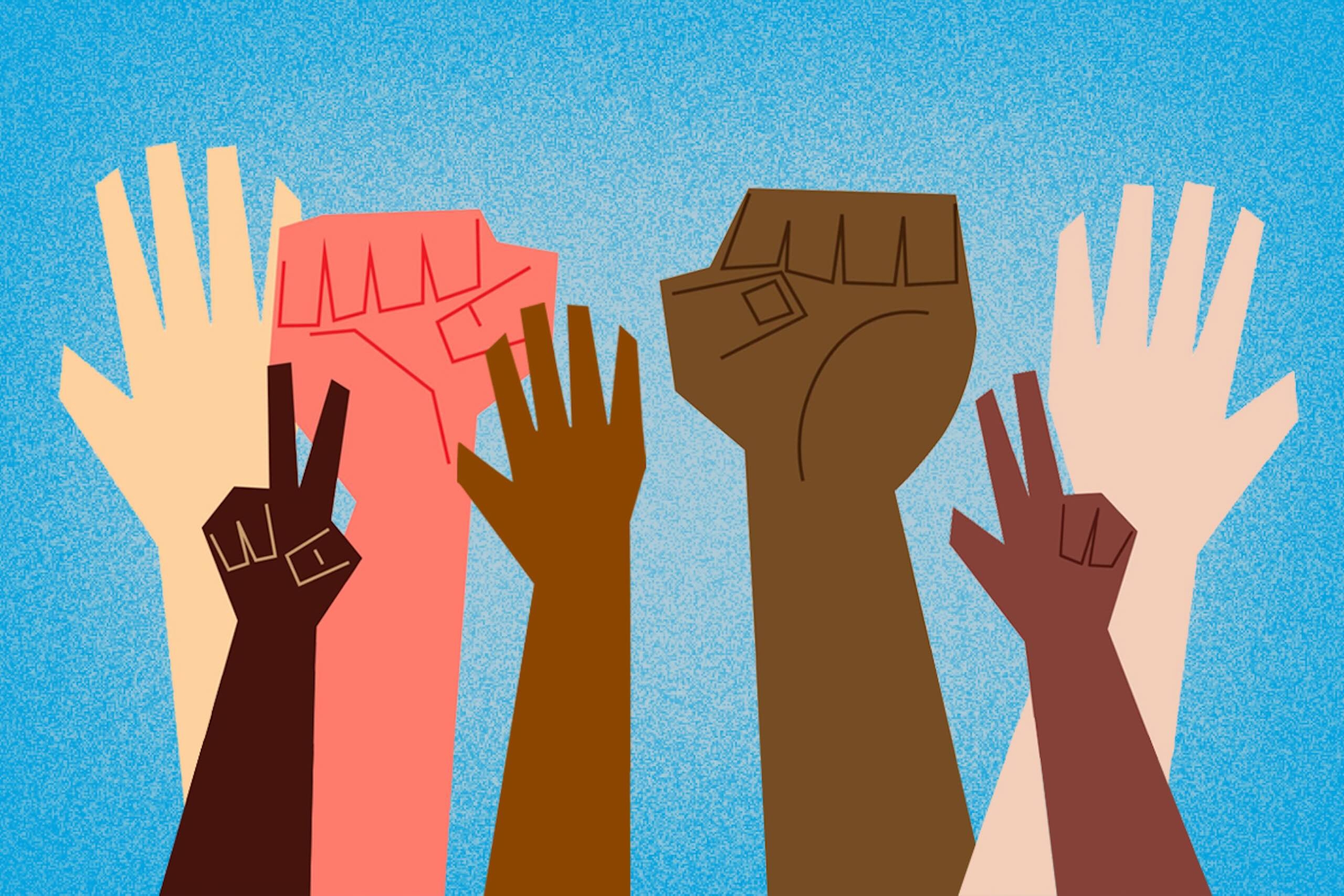 Illustration of 7 diverse coloured hands raised against a blue background, two activist fists raised, three hands raised, two with peace signs.