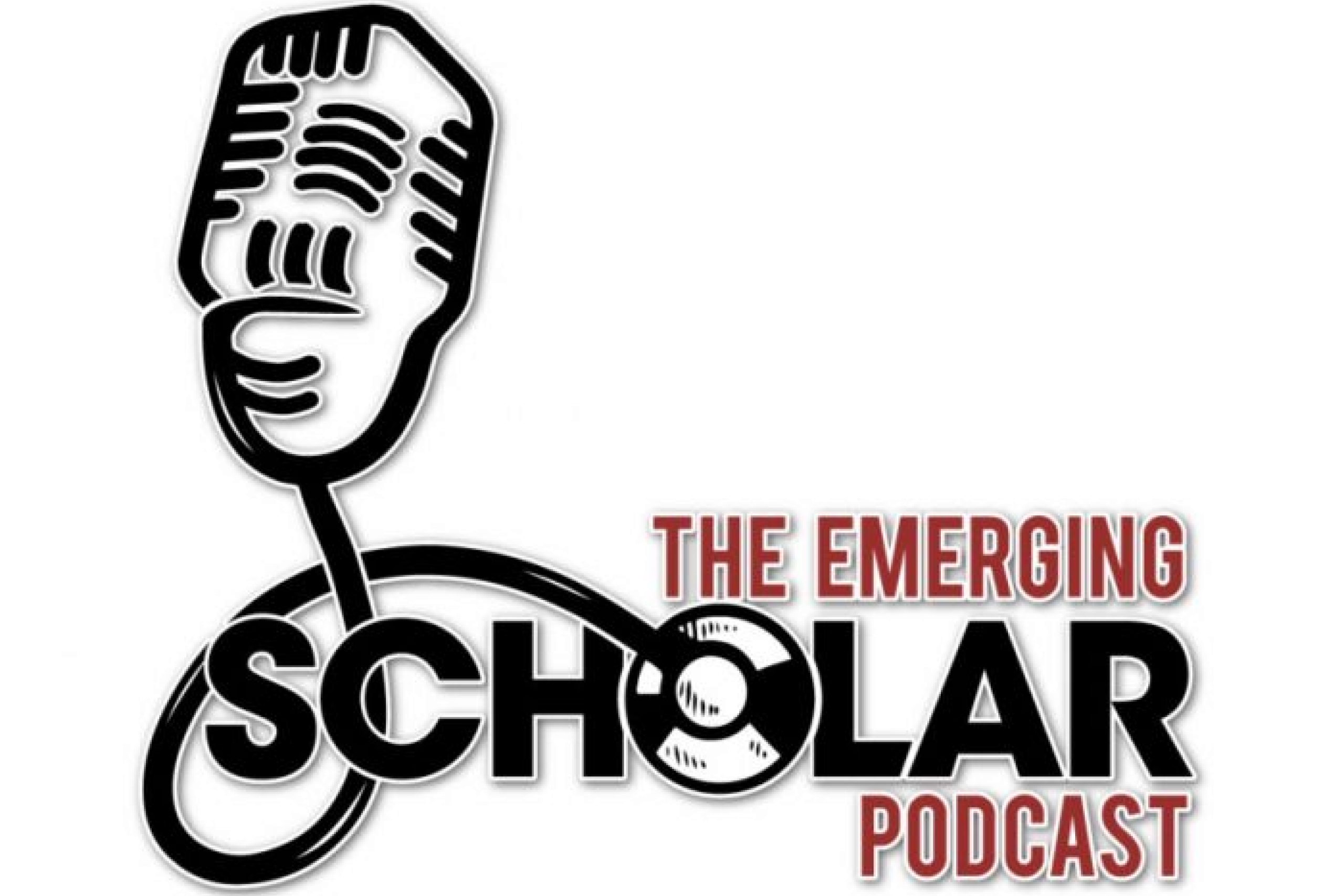 Logo for emerging scholar podcast with graphic of microphone and text.