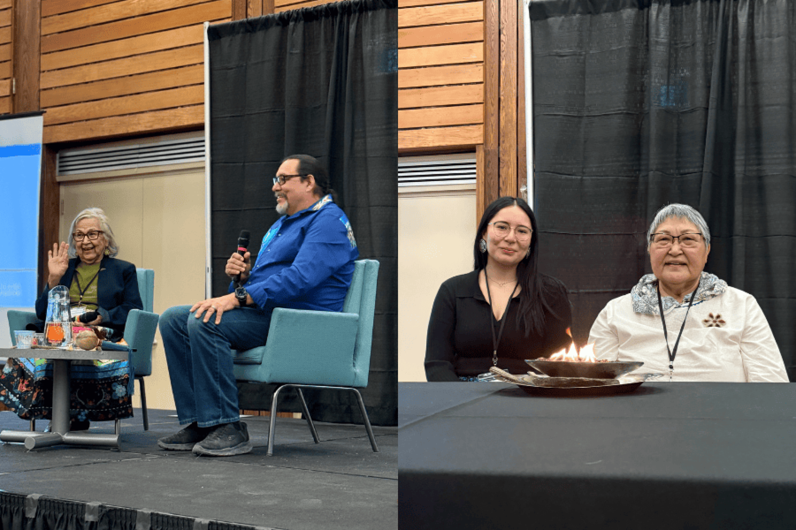 Two scenes from the 2026 Elders and Traditional Peoples Gathering: speakers share a discussion on stage, and participants sit beside a ceremonial flame.