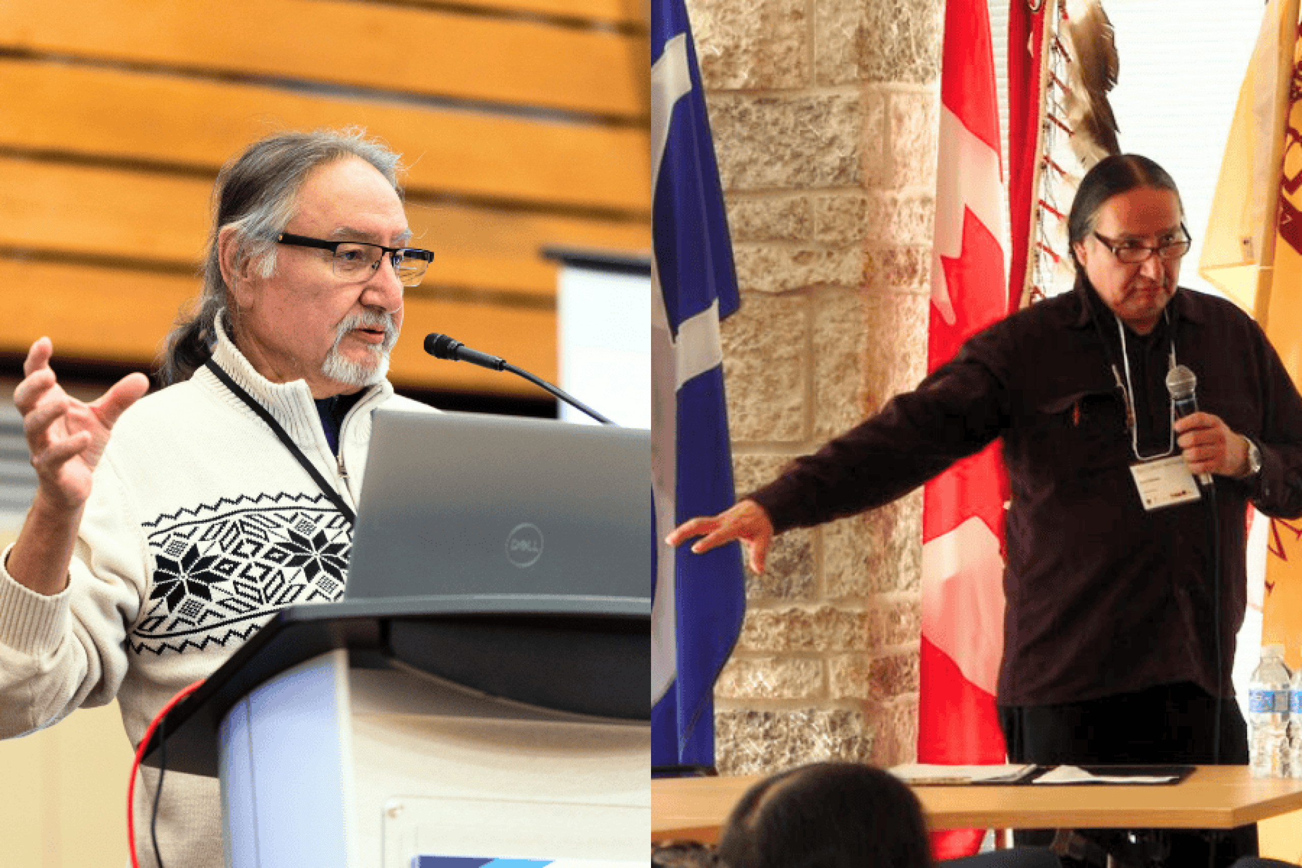 Two photos of the same person speaking at different times, one at a podium and one holding a microphone.