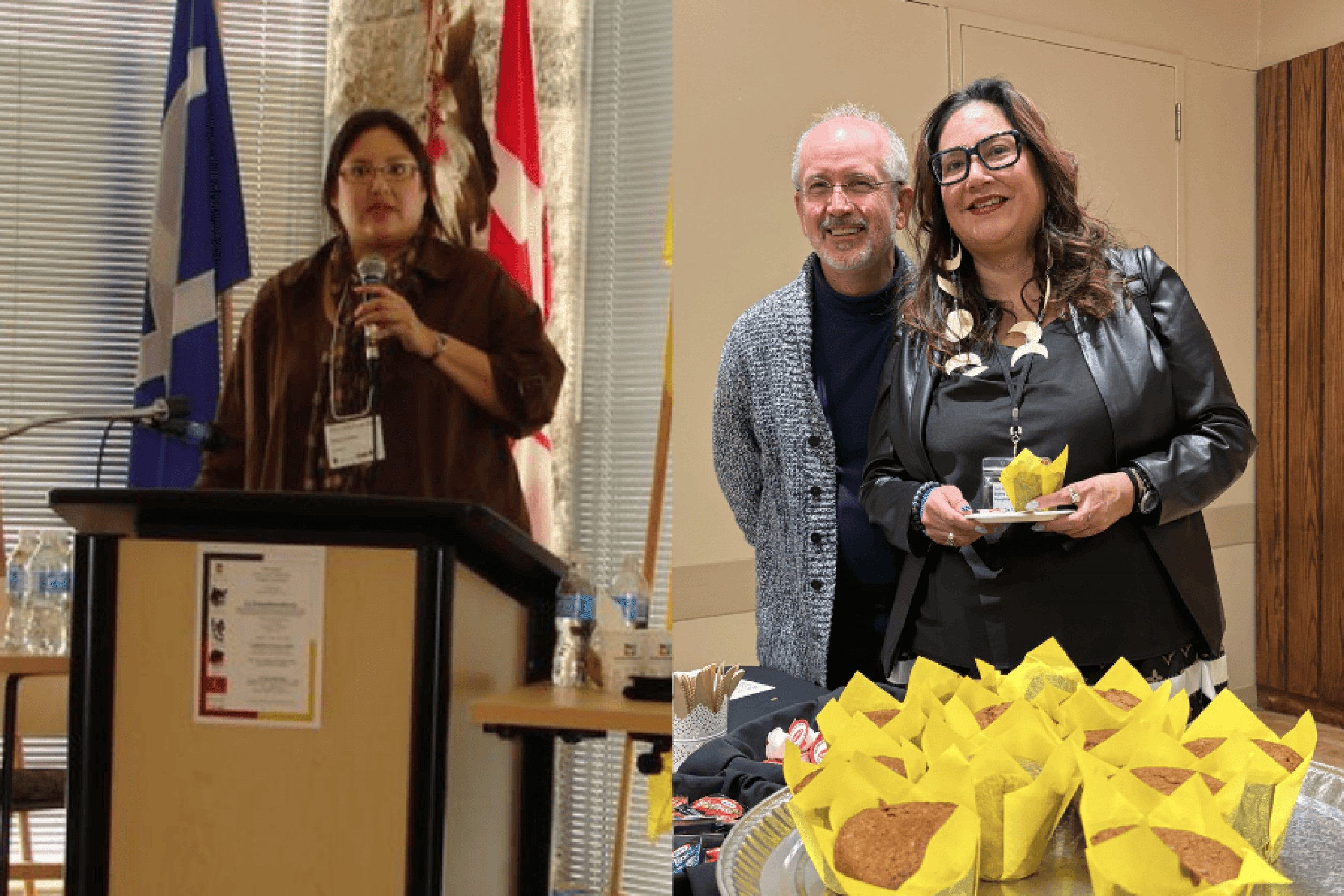 Two photos of the same person at different times, one speaking at a podium and one standing with another person at a table.