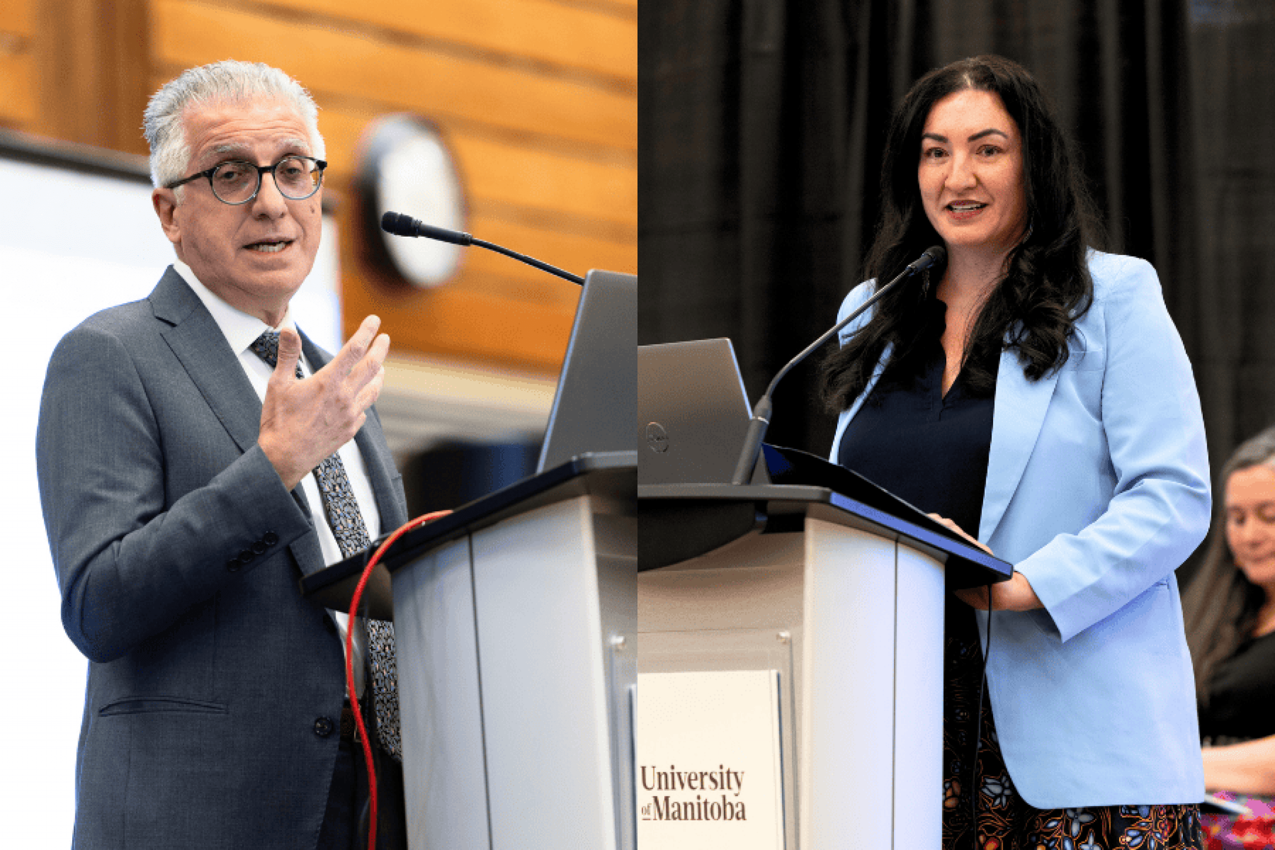 Two people speaking at separate podiums indoors, a man on the left and a woman on the right.