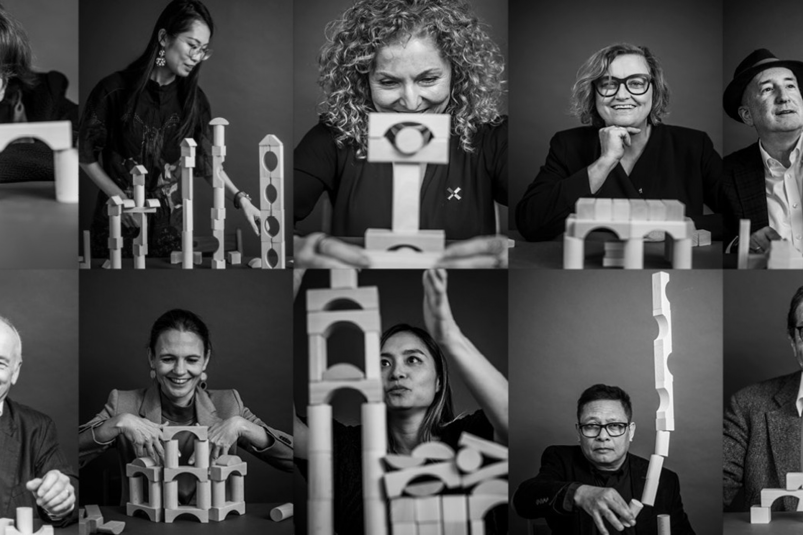 Black-and-white collage of 14 people creatively building structures with wooden blocks