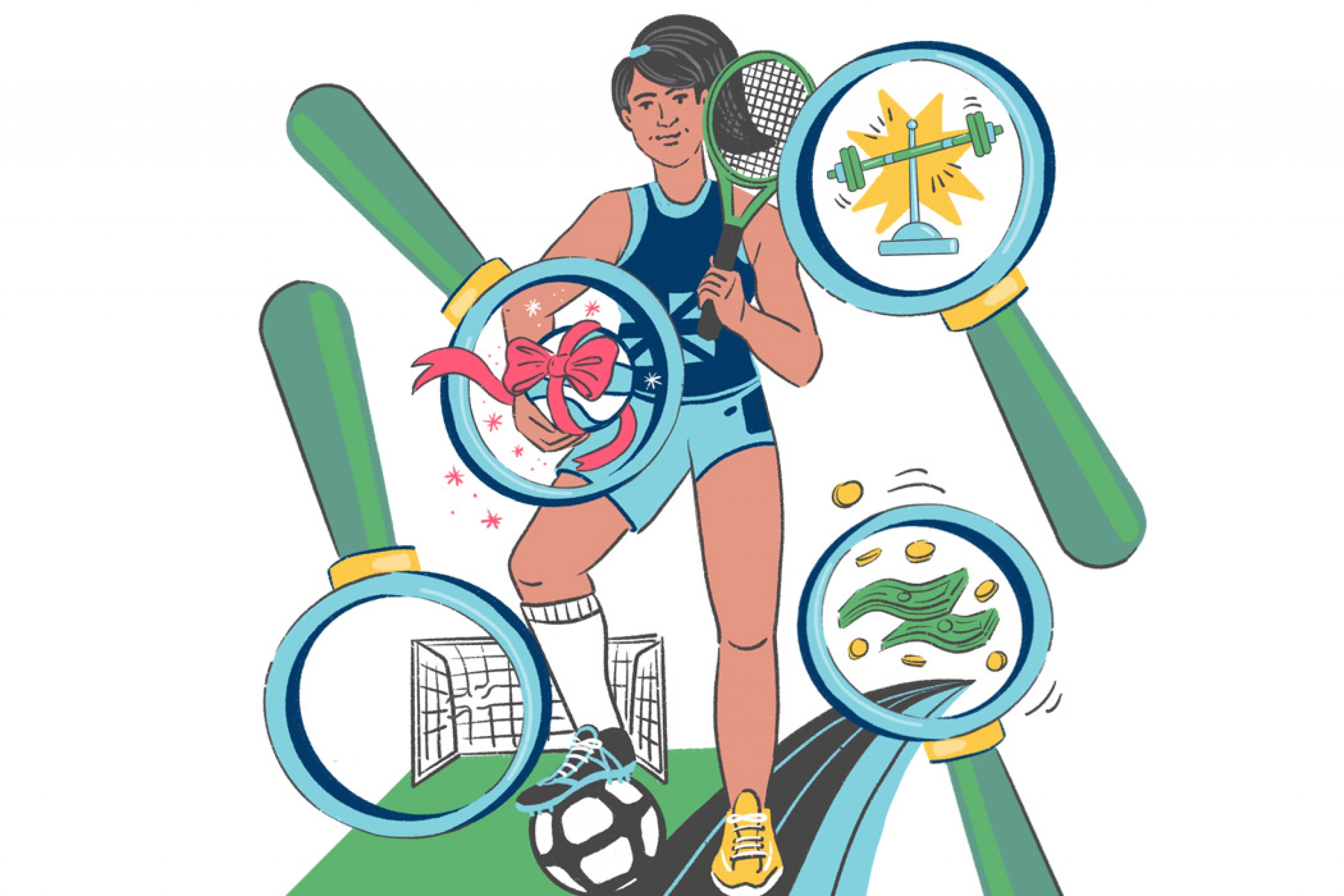 A graphic image showing a female soccer player and sociocultural factors highlighted in magnifying glasses.
