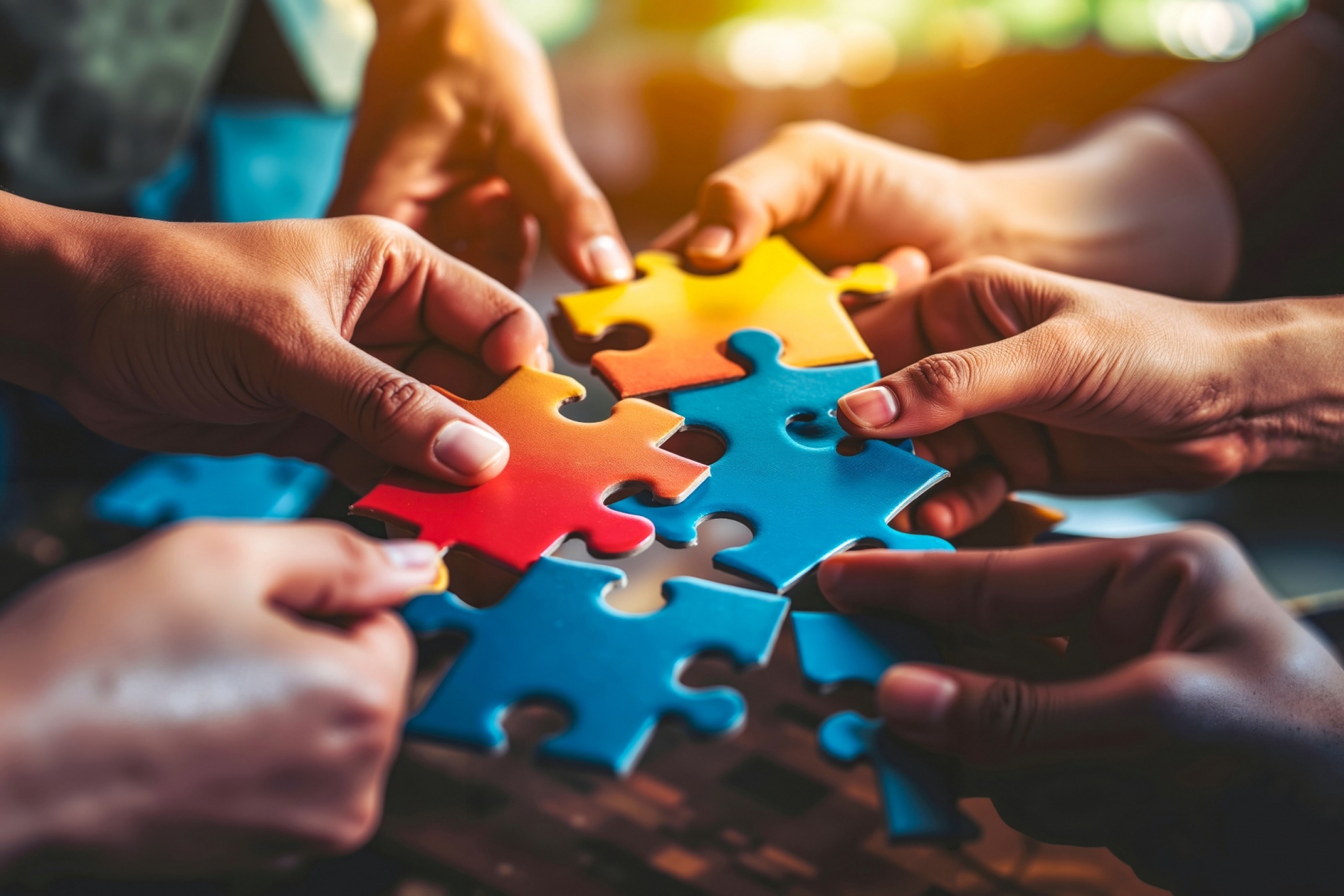 hands holding different colour puzzle pieces