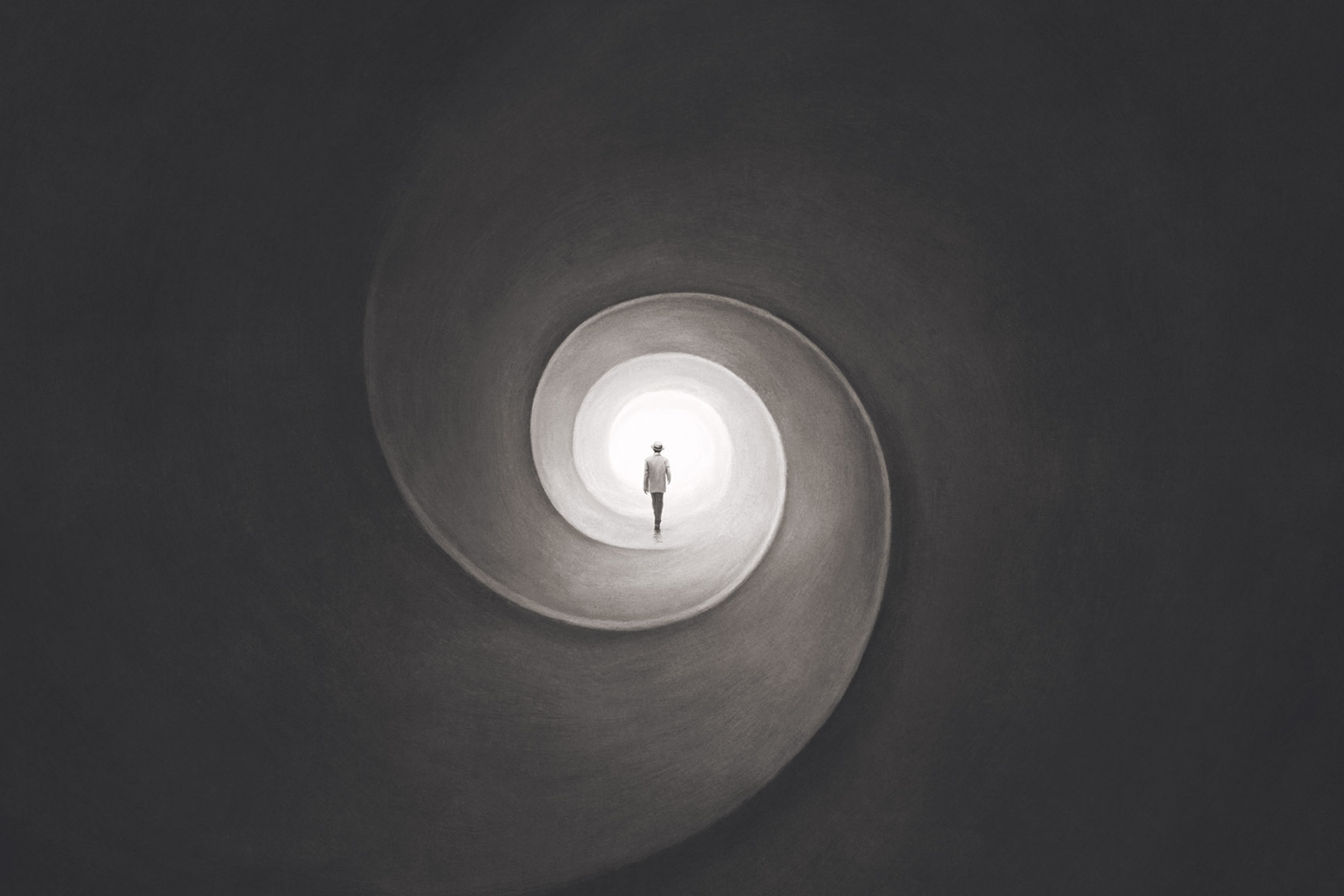 Conceptual illustration of a man walking down a spiralled tunnel.