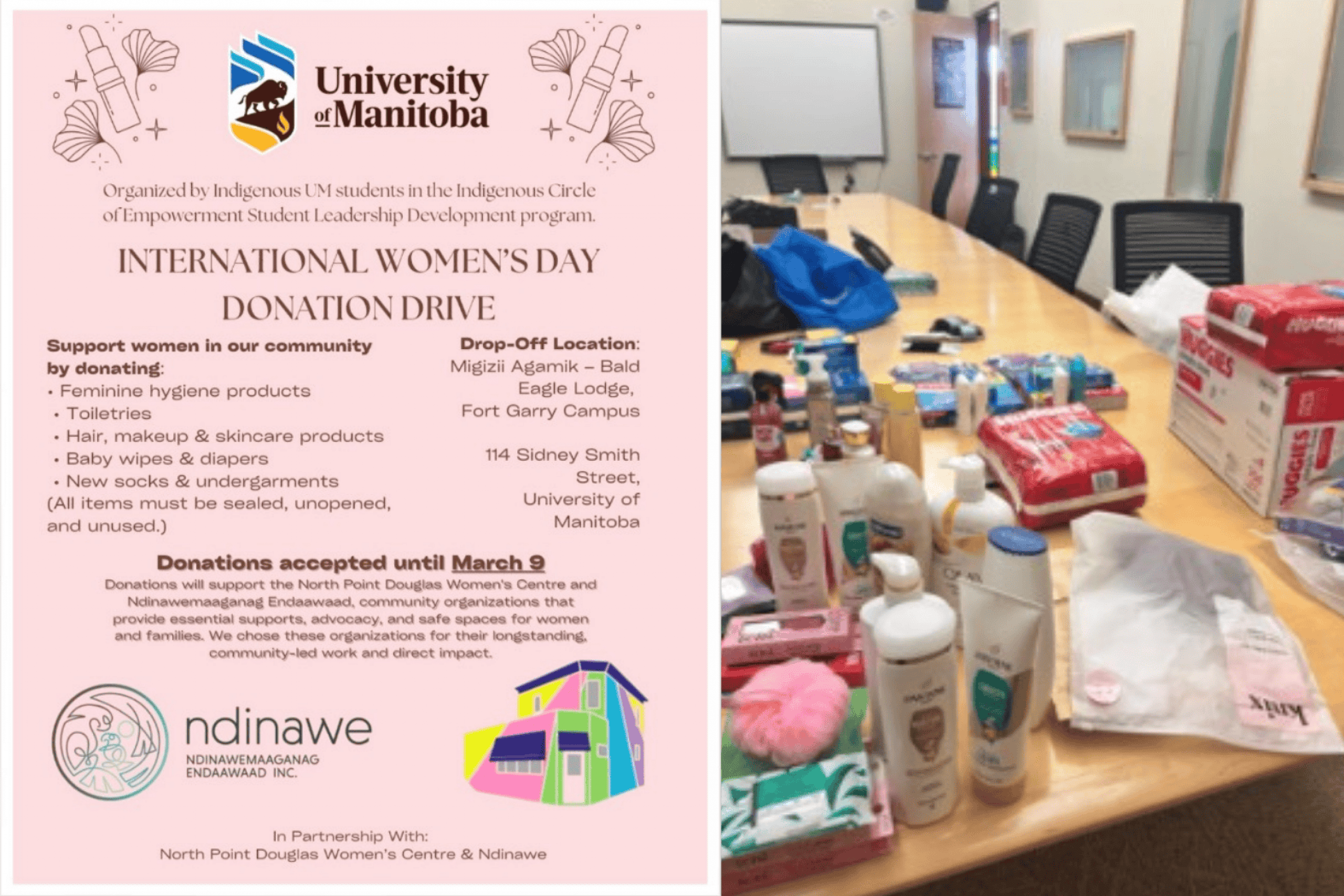 International Women’s Day donation drive poster and donated hygiene items on a table.