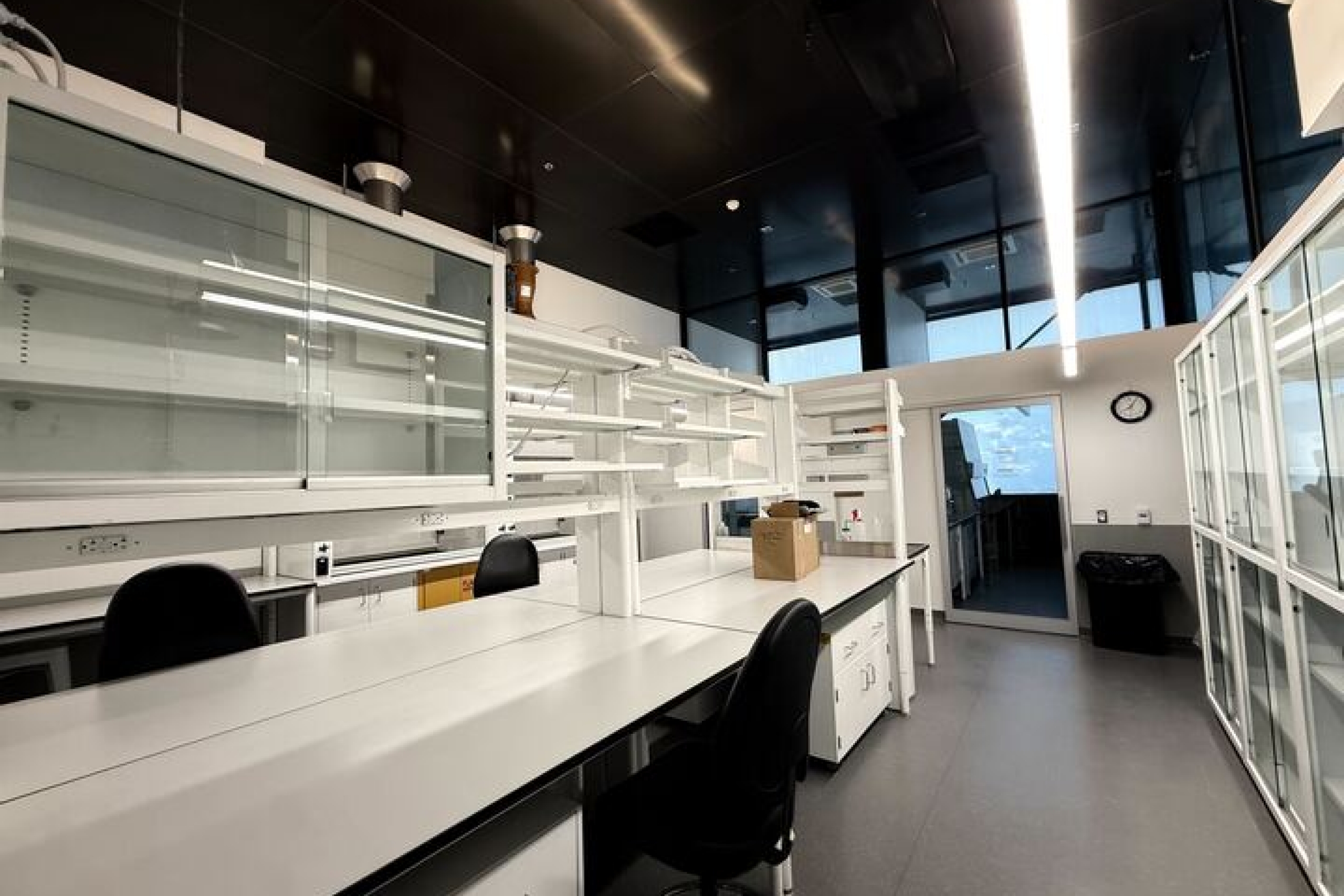 Bright, modern wet lab with white workbenches, shelving, laboratory equipment and multiple workstations