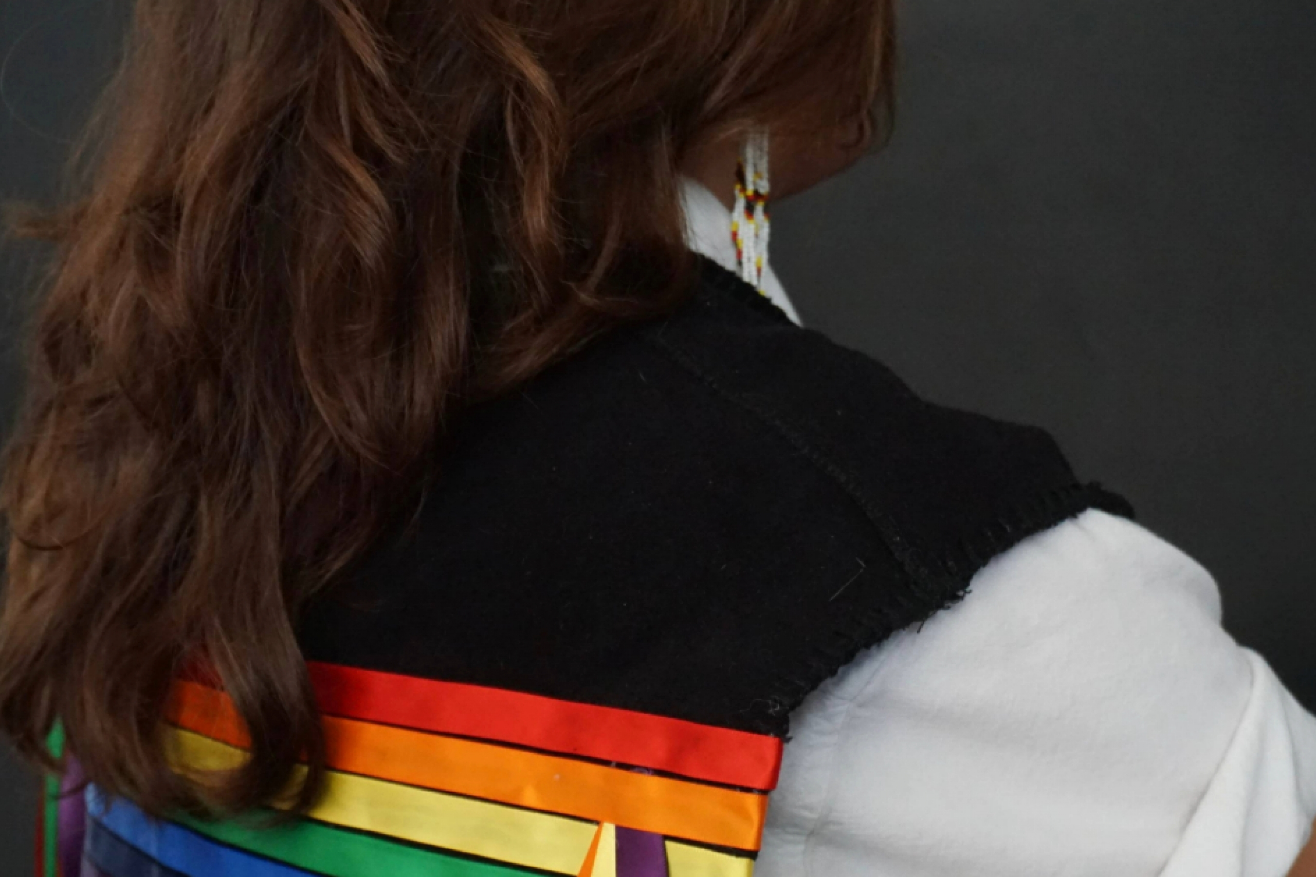 Back view of a person wearing a vest with rainbow ribbon trim.