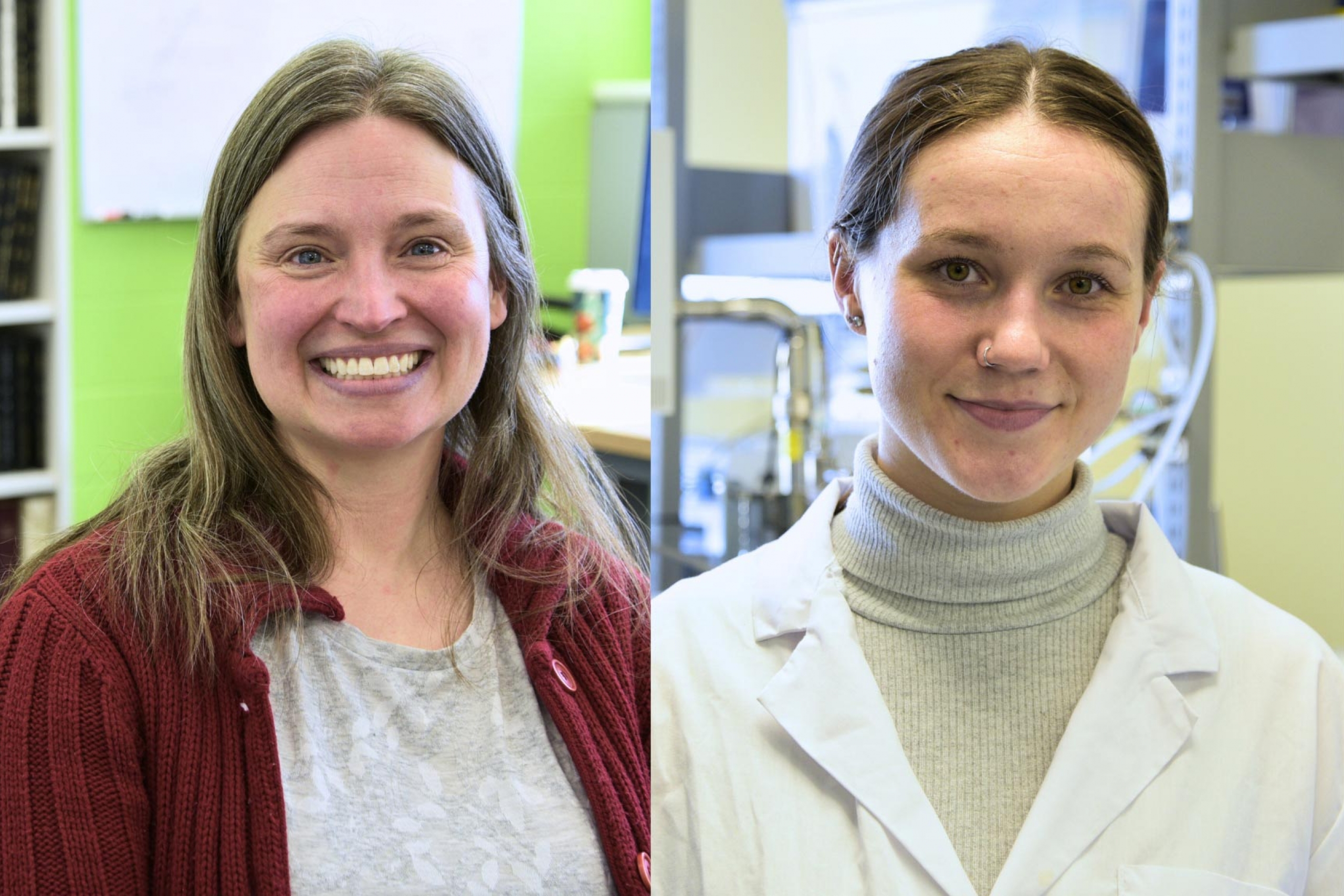 Katie Mitchell-Koch wearing a red cardigan on the right and Kara Loudon wearing a lab coat on the left.
