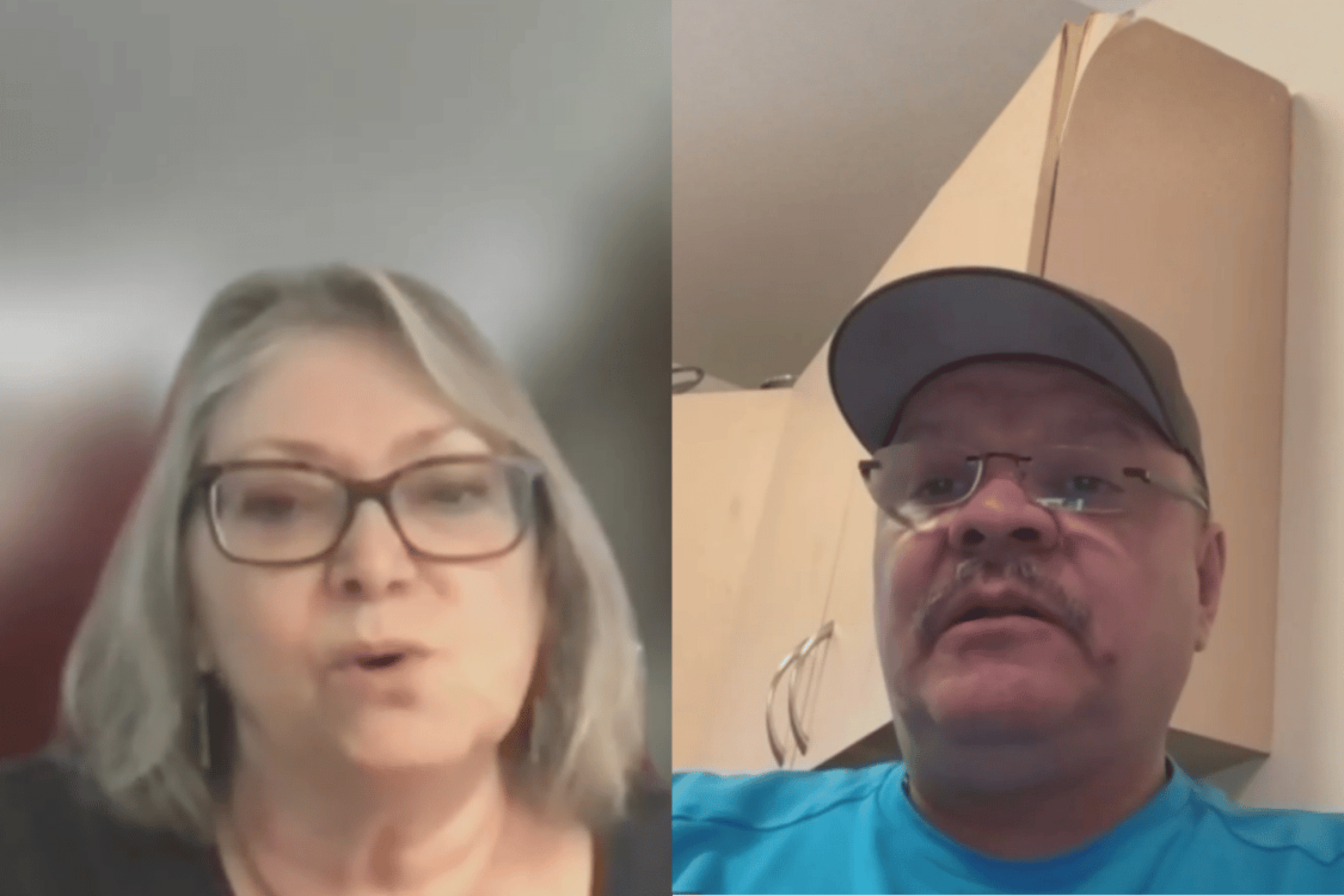 Two people speaking during a virtual interview.