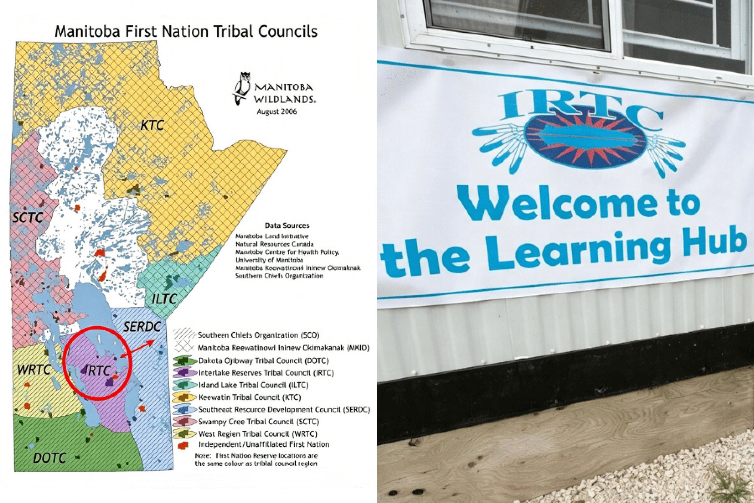 Map of Manitoba First Nation Tribal Councils highlighting IRTC, alongside the IRTC Learning Hub sign.
