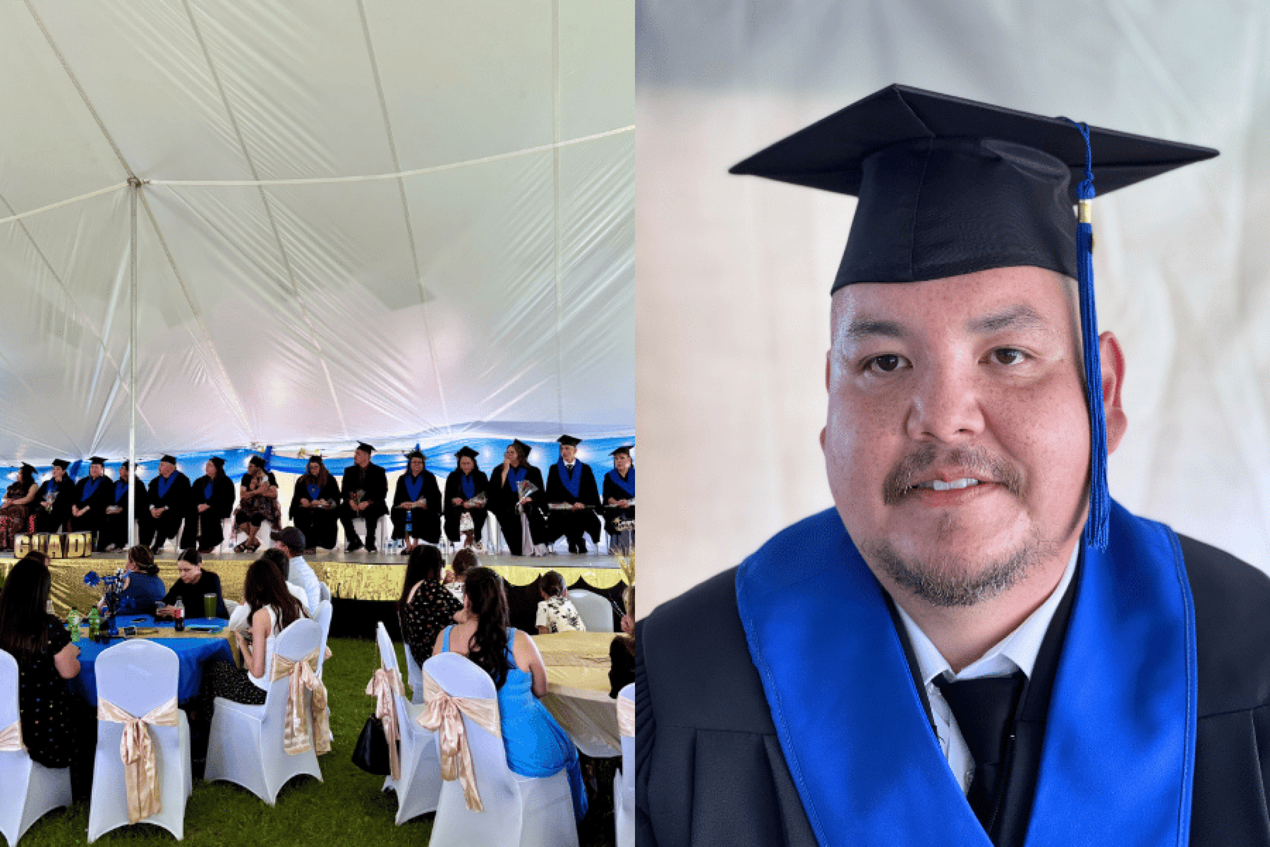IRTC graduates at the ceremony and a graduate in cap and gown.