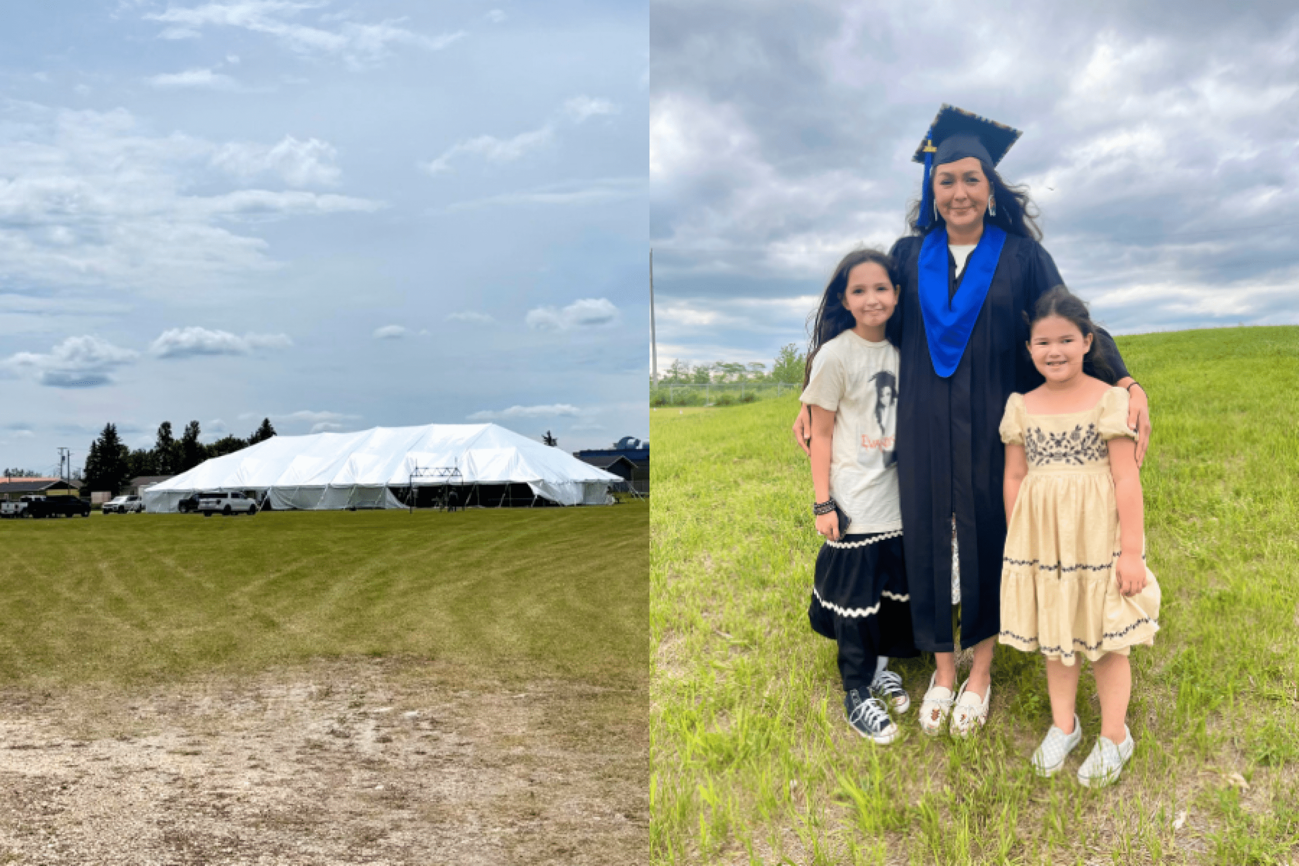 Graduation tent and graduate with family members.