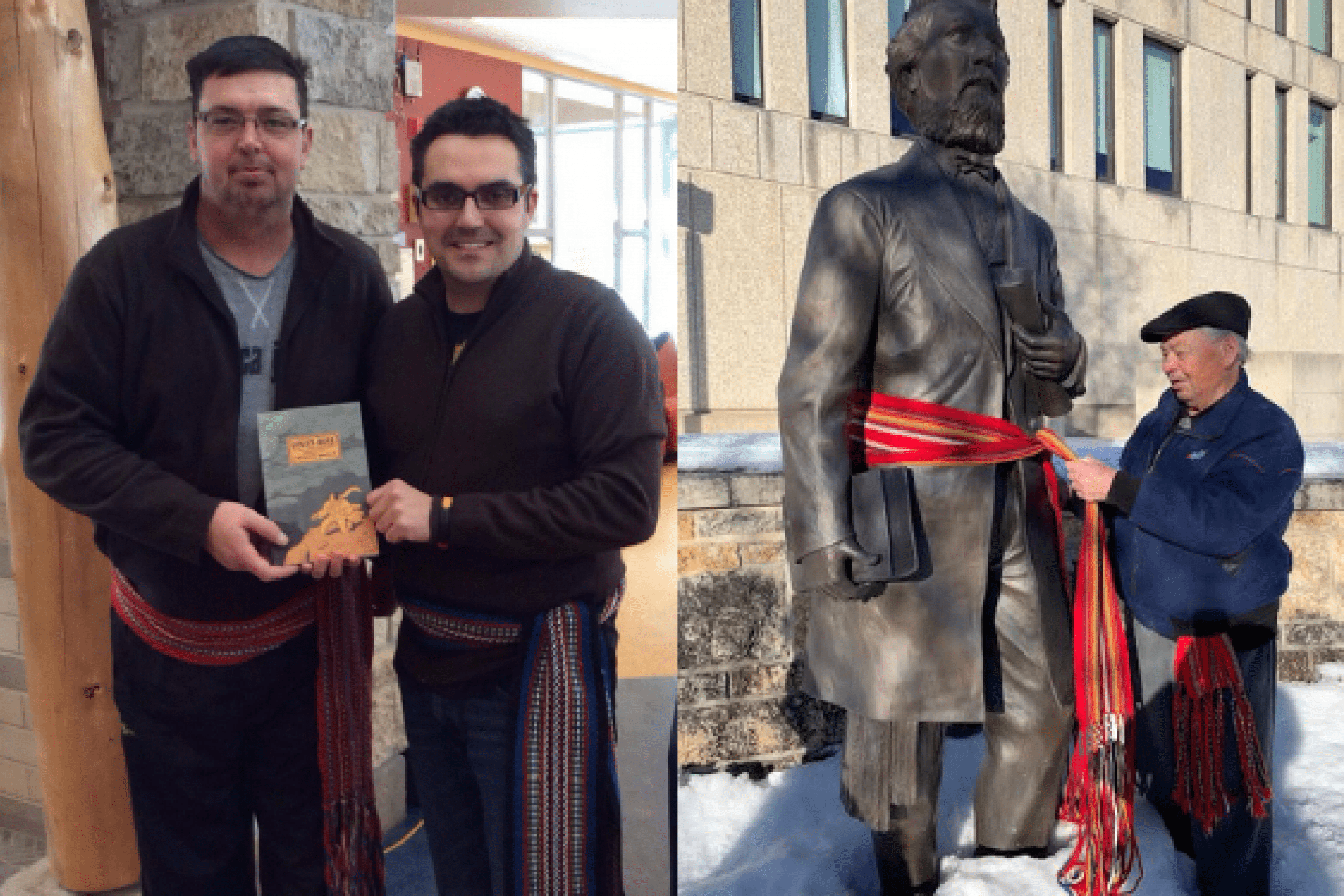 Two Métis men wear traditional Métis sashes indoors, one holding a Métis-themed book. Outdoors, a Métis Elder ties a red sash around the Louis Riel statue during the annual “sashing Riel” ceremony.