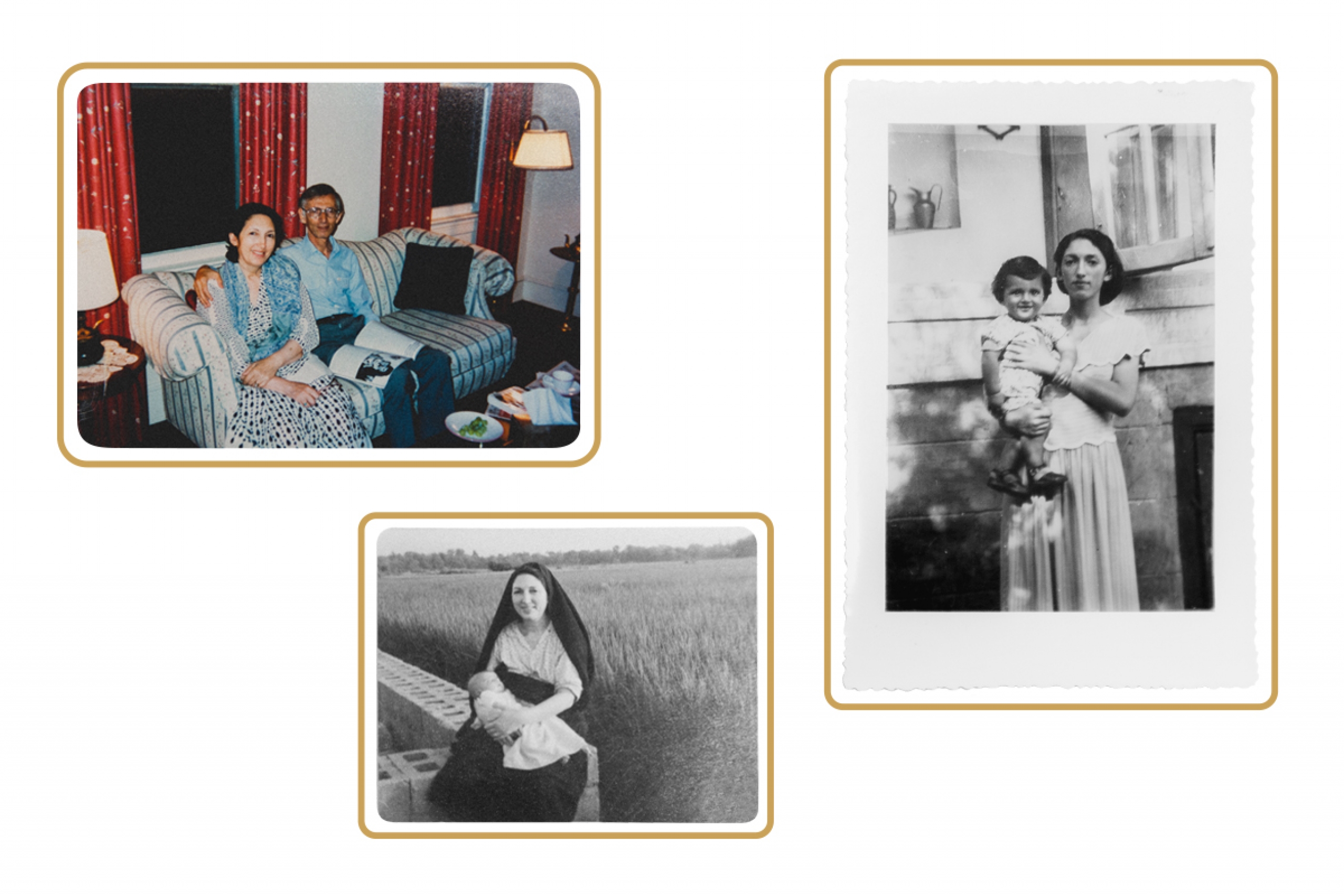 A collage of three images showing Zahra Moussavi's mother at different points in her life. One image shows her parents; another shows her mother as a young woman holding her brother; and a third shows her as a young woman holding her son.