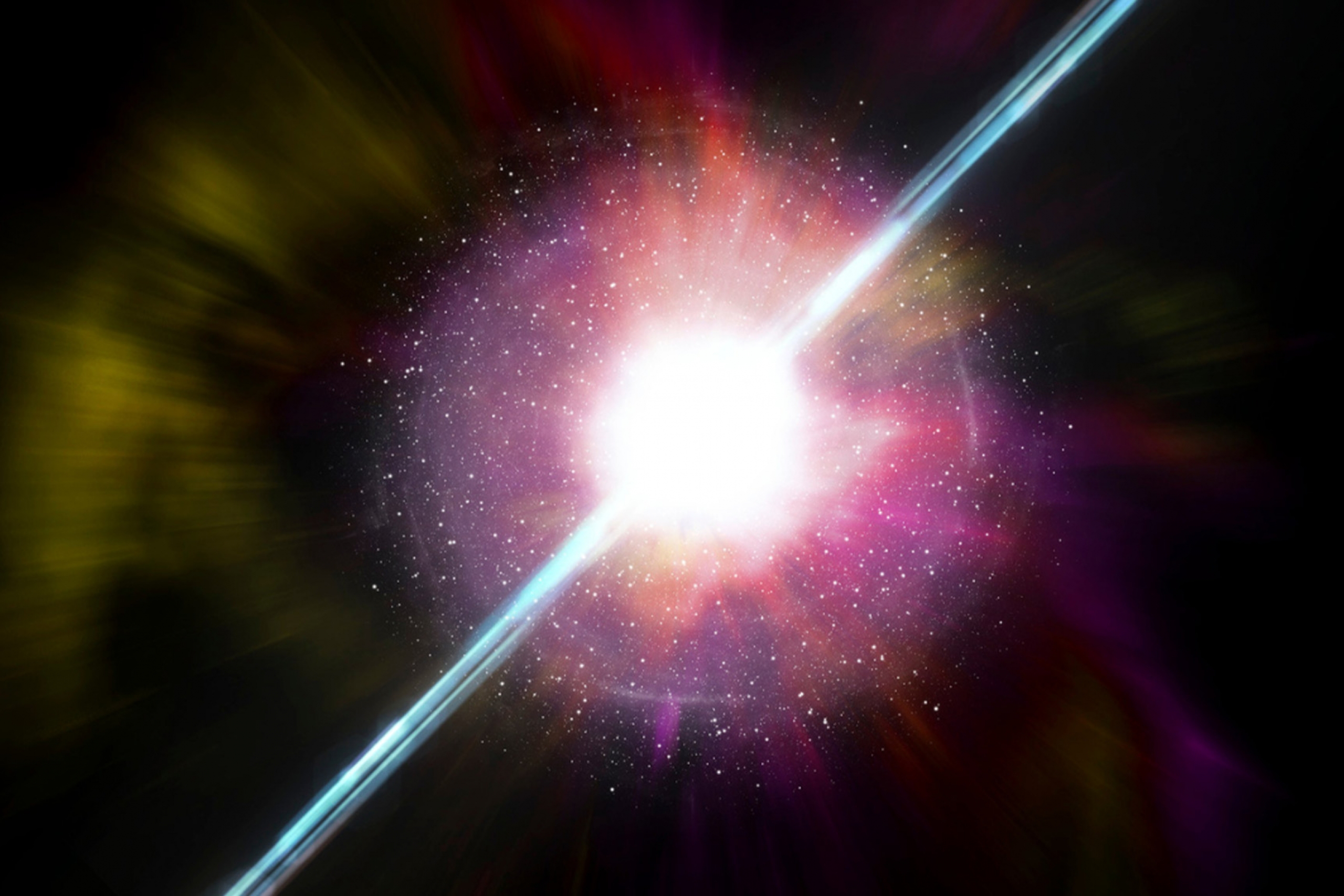 A pulsar with pink and yellow hue plus a blue streak.