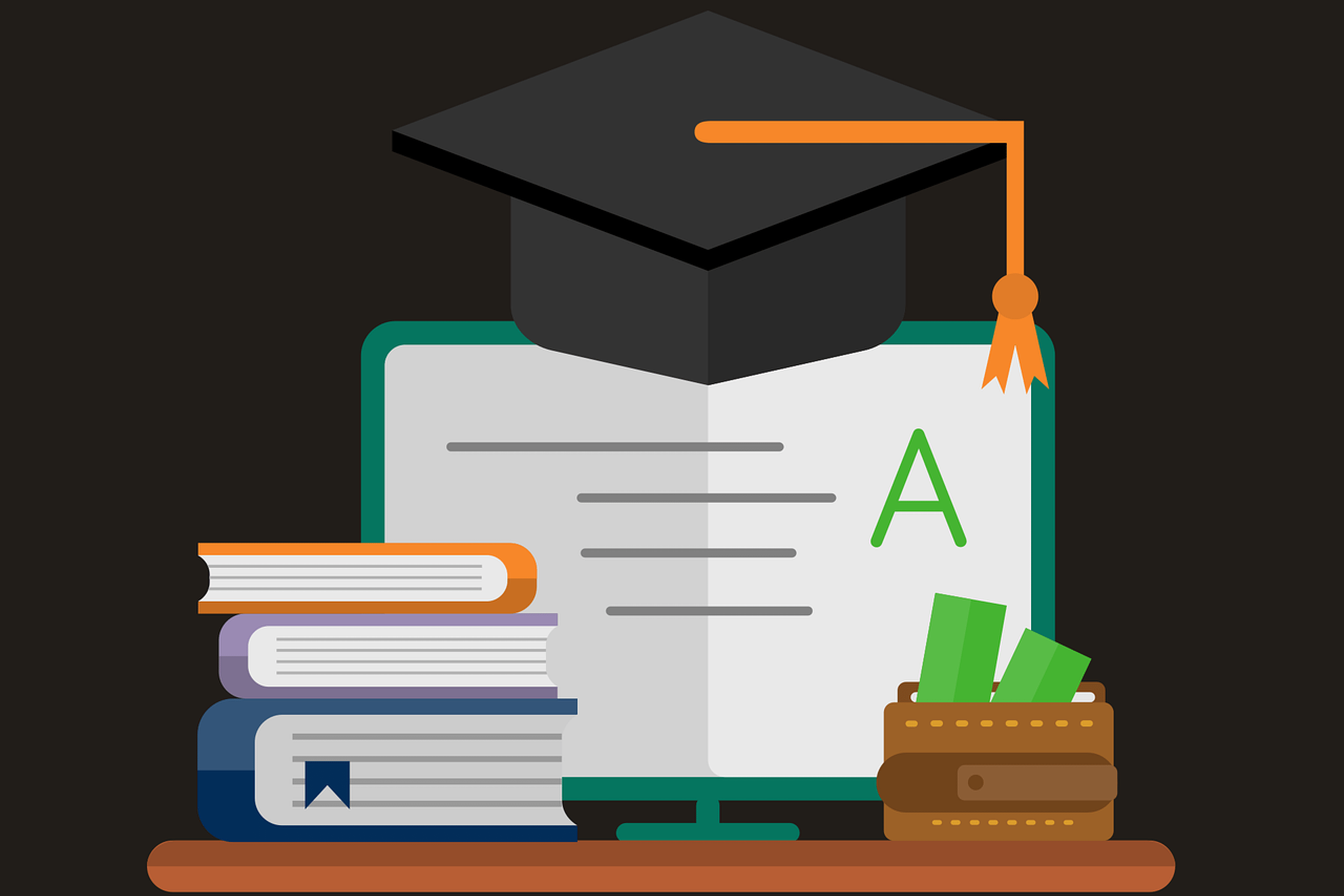 Books, graduation hat and laptop